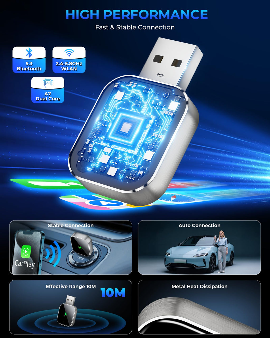 Mini CarPlay Wireless Adapter für iPhone - Converts Wired to Wireless CarPlay Adapter, CarPlay Stick für Apple Wired CarPlay Cars & für iPhone iOS 10+, USB & Type-C, Plug & Play