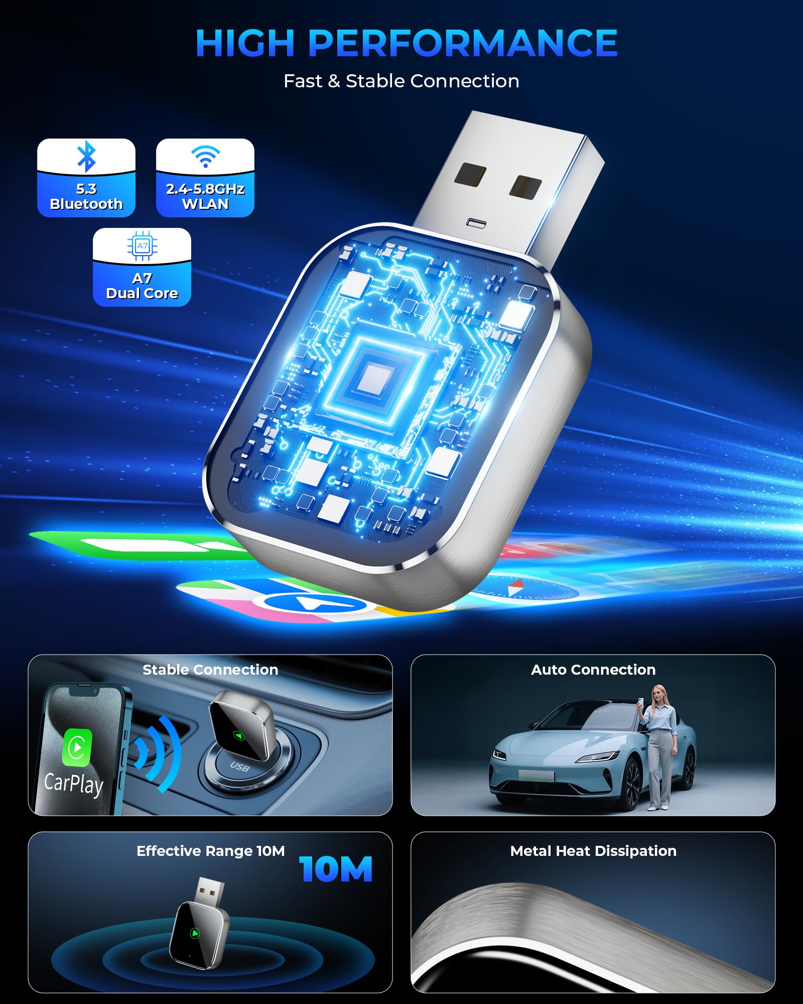 Mini CarPlay Wireless Adapter für iPhone - Converts Wired to Wireless CarPlay Adapter, CarPlay Stick für Apple Wired CarPlay Cars & für iPhone iOS 10+, USB & Type-C, Plug & Play