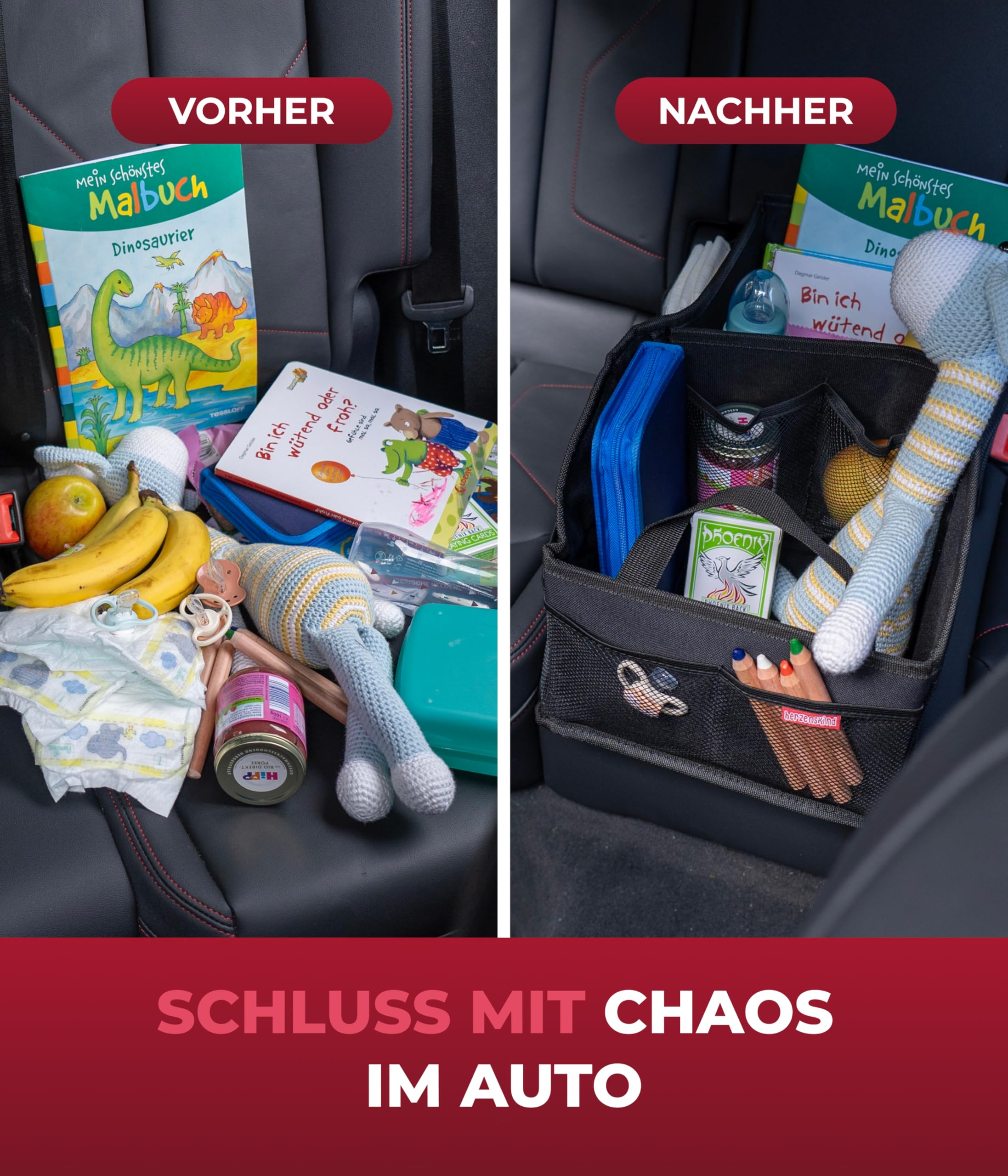 HerzensKind Auto Organizer - die praktische Faltbox für den Rücksitz oder Kofferraum. Rücksitz Organizer zum Verstauen von Windeln Spielzeug etc. neben dem Kindersitz