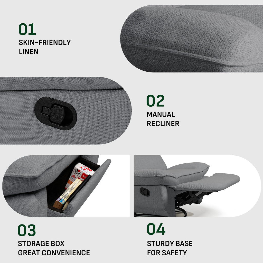 Softa Entspannungssessel, Manueller Schaukelstuhl mit verstellbarer Fußstütze, Seitentaschen, gepolsterte Sitzfläche und Rückenlehne, bequemer Liegesessel für das Wohnzimmer, Grau