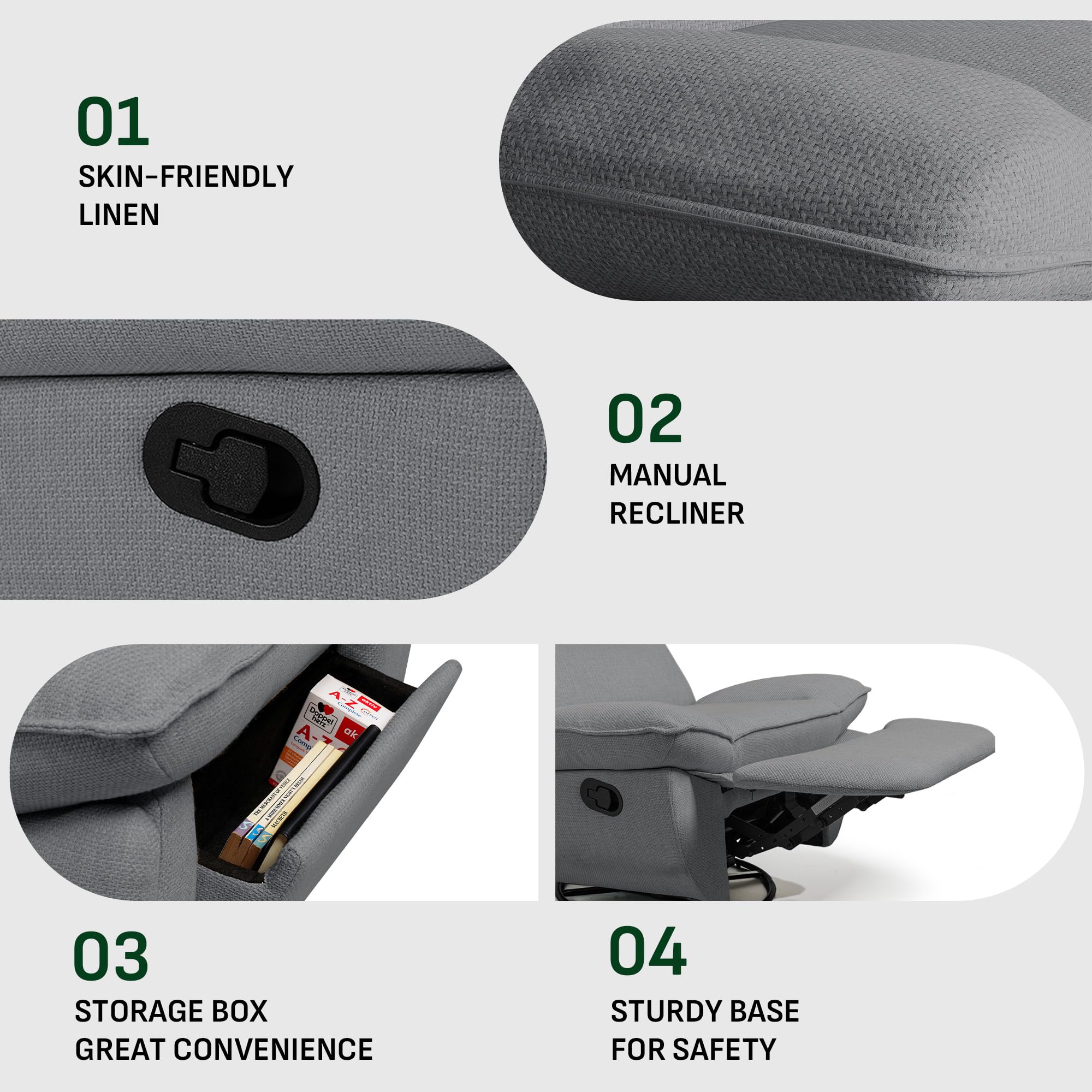 Softa Entspannungssessel, Manueller Schaukelstuhl mit verstellbarer Fußstütze, Seitentaschen, gepolsterte Sitzfläche und Rückenlehne, bequemer Liegesessel für das Wohnzimmer, Grau