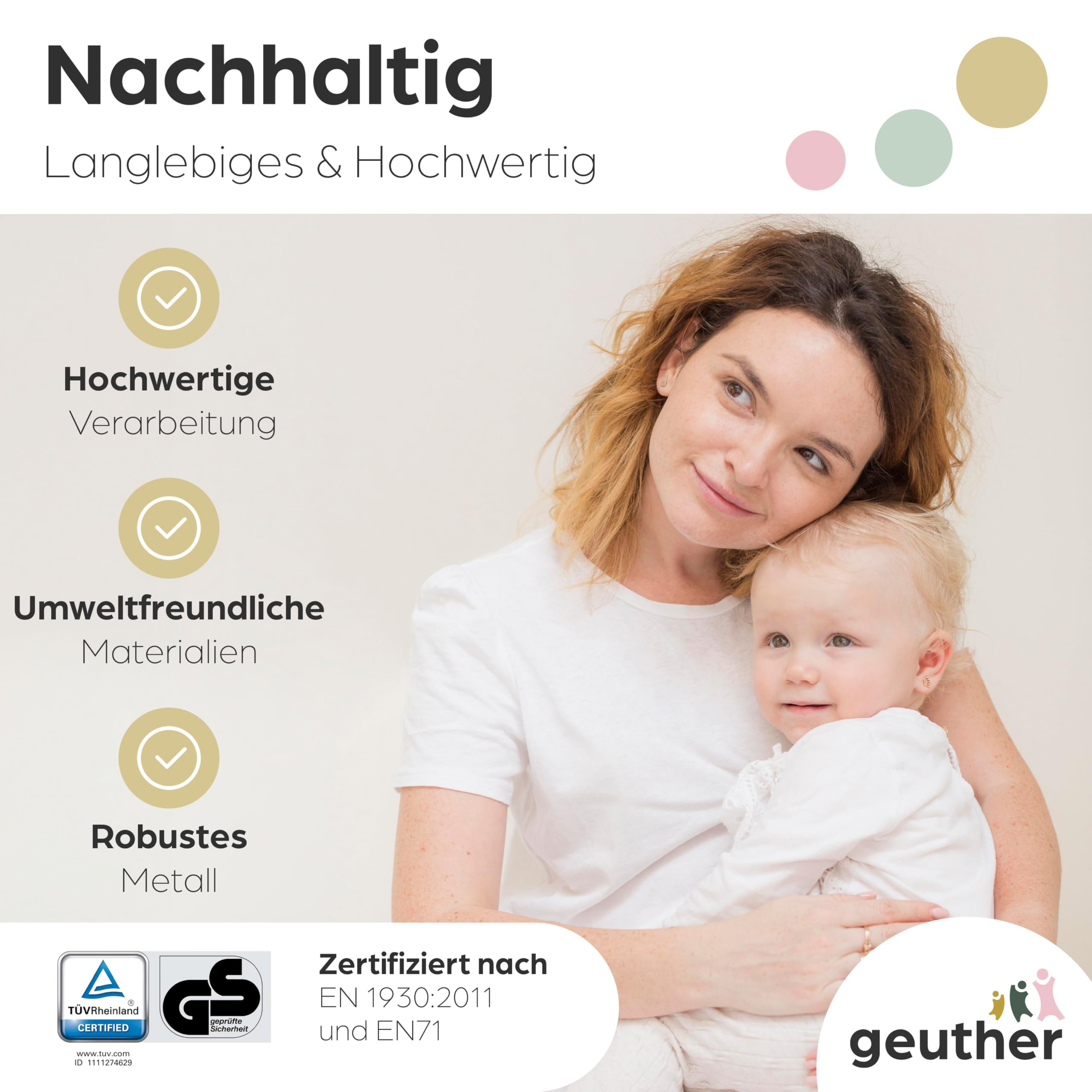Geuther Türschutzgitter Easylock Plus | Treppenschutzgitter ohne Bohren Breite 68-76 cm | Türgitter Baby Holz-Metall | Kinderschutzgitter beidseitig öffnend | Kindersicherung Tür | Weiß