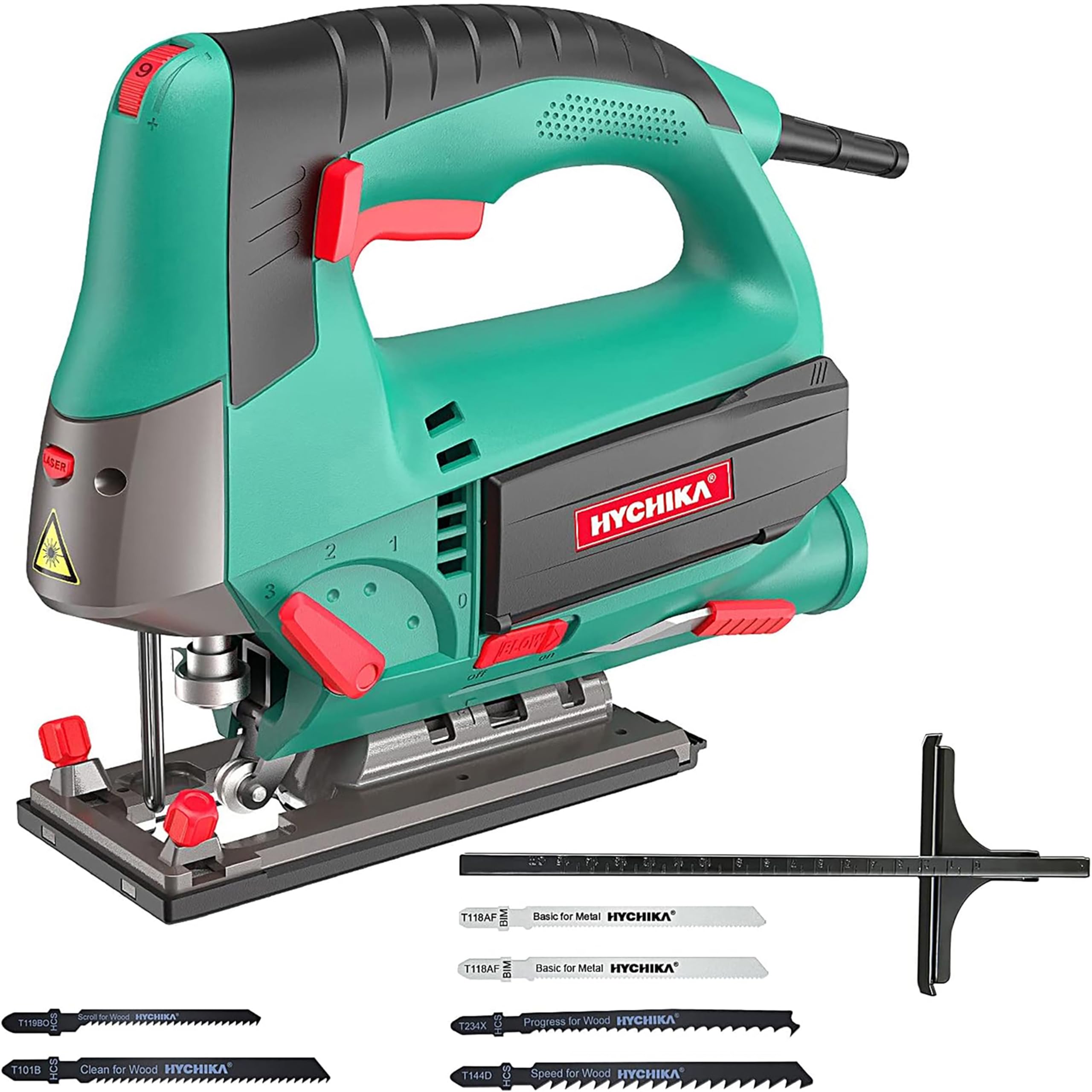 HYCHIKA Stichsäge, 800W Max Holz Schnitttiefe 110mm, 800-3000SPM Elektrische Stichsäge mit Laser, 6 Blätter, Fasenschneiden: -45 °bis 45°