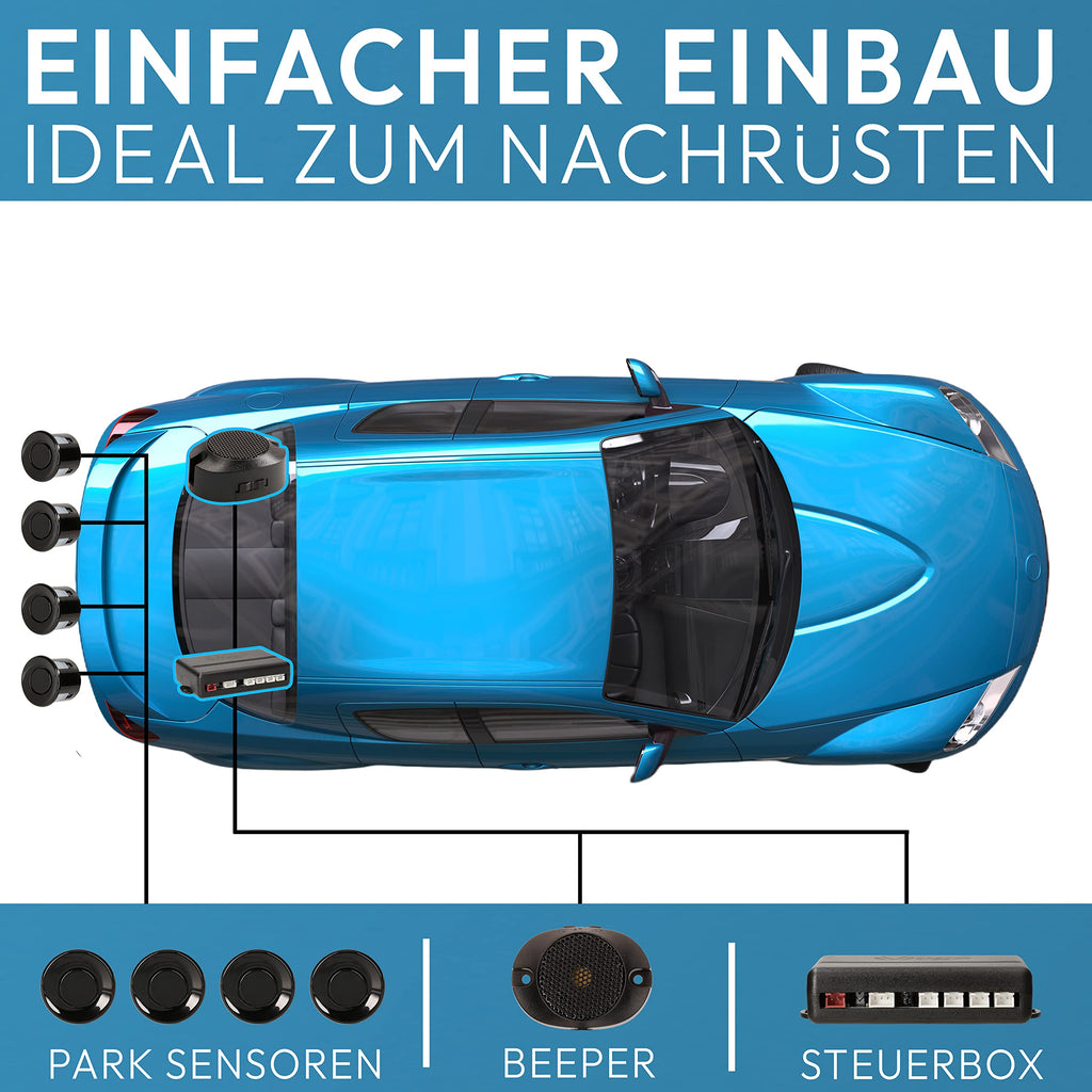 VSG24 Premium Einparkhilfe hinten zum nachrüsten am Auto, PDC Parksensoren hinten mit Stecksystem für einfachste Montage Rückfahrwarner mit Lautsprecher & 4 Sensoren Parkhilfe Nachrüstsatz Schwarz