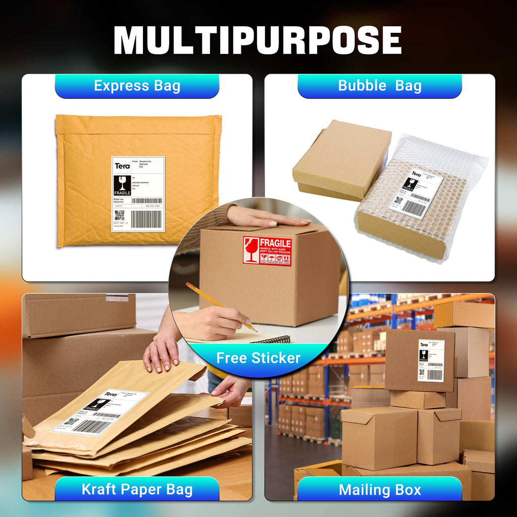 Tera Shipping Label Versandetiketten 100 x 150 mm, 250 Labels x 6 Rollen = 1500 Labels für Verschiedene Drucker BPA-Frei Selbstklebend Adressetiketten mit Gratis-Etiketten für Zerbrechliche Waren…