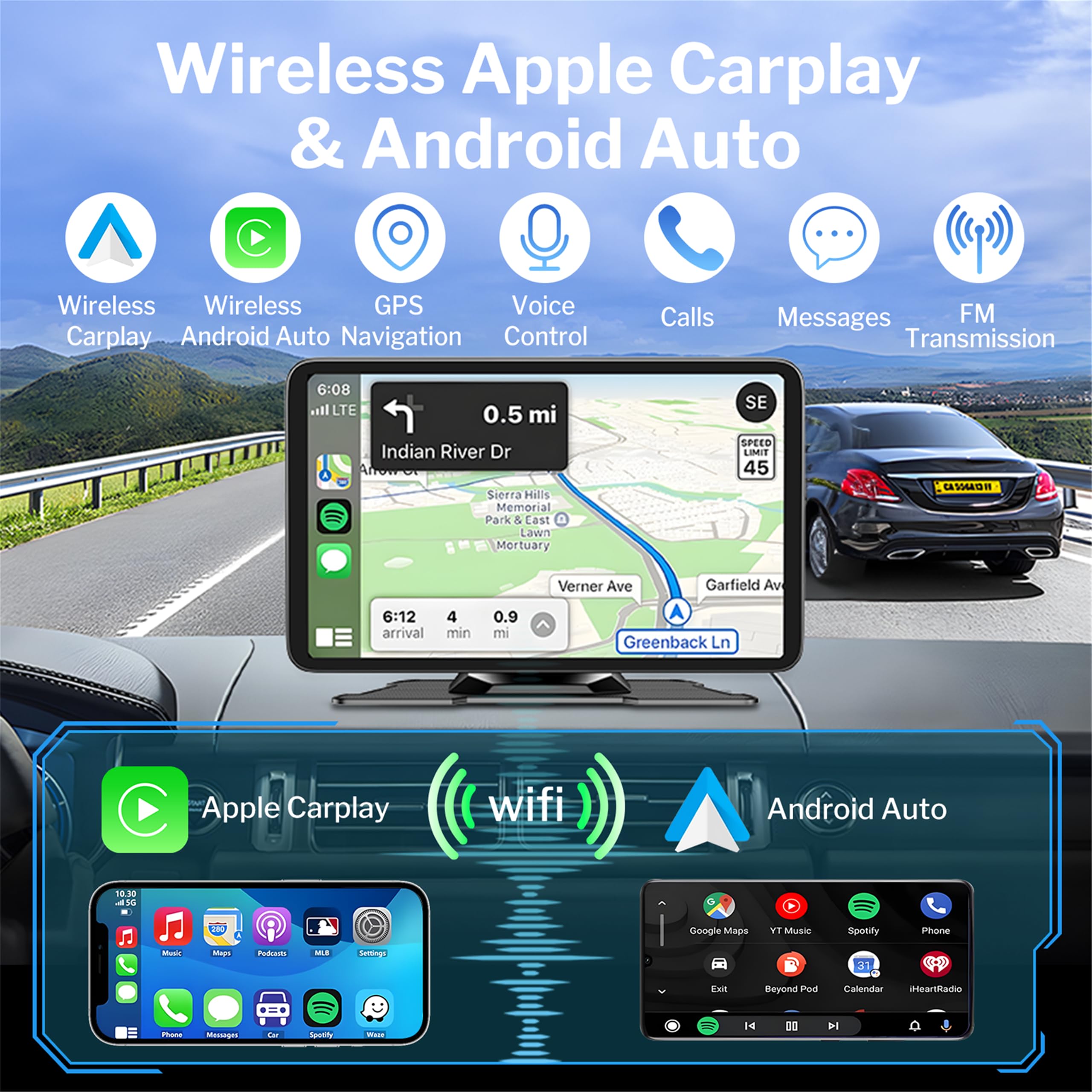 Carplay Android Auto Display 7 Zoll Touchscreen Car Play Bildschirm mit Rückfahrkamera Carplay-Autoradios mit siri/Googlee Assistant,GPS Navigation,Bluetooth,Mirror Link
