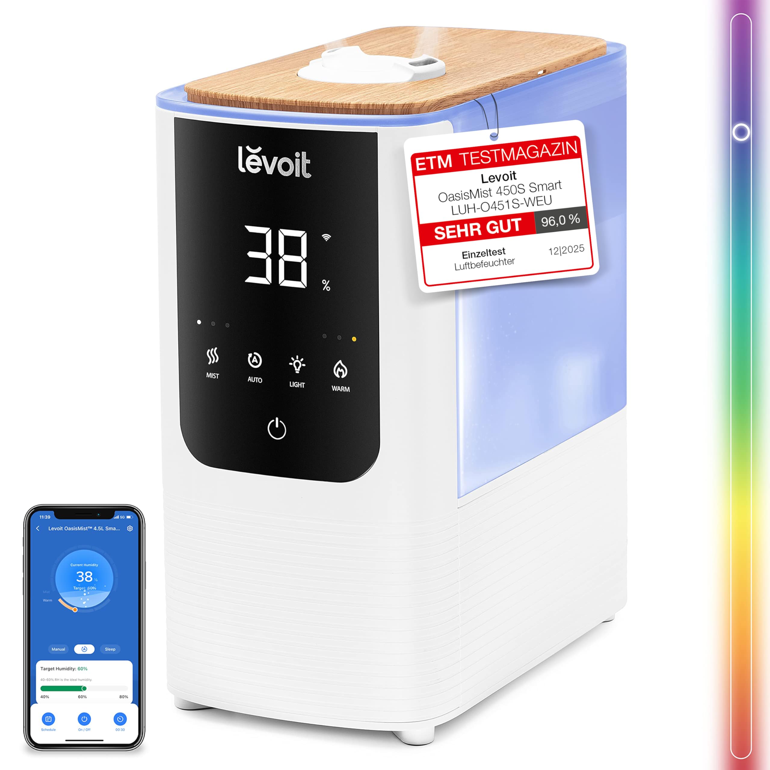 Levoit Top-Fill Luftbefeuchter, Smart Humidifier, Warm&Kalter Nebel max 550 ml/h, bis 40㎡, leise Raumbefeuchter mit Nachtlicht für Kinderzimmer, Pflanzen, Auto Shut-off, 4,5 L, Mondweiß
