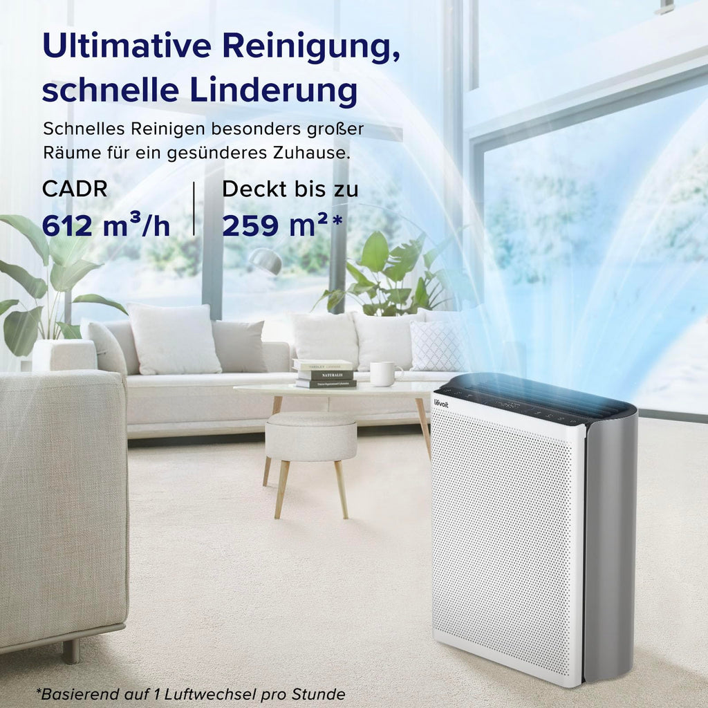 LEVOIT Luftreiniger Allergiker für große Räume mit waschbarem Vorfilter, CADR 612m³/h, 3-Kanal-Luftqualitätsmonitor, Smart WiFi und Filter für Haustiere, Rauch, Staub, Pollen, Alexa Control, 26dB