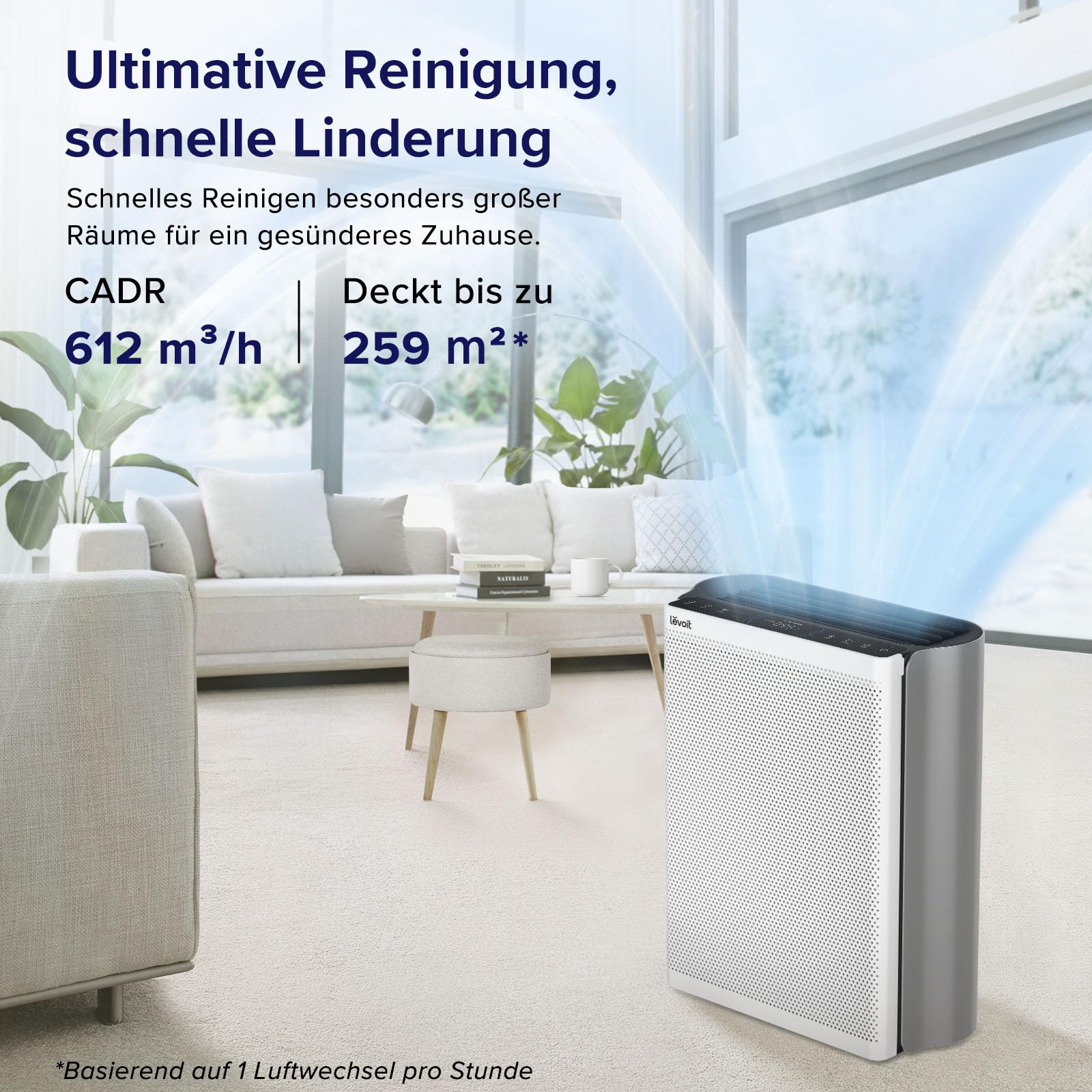 LEVOIT Luftreiniger Allergiker für große Räume mit waschbarem Vorfilter, CADR 612m³/h, 3-Kanal-Luftqualitätsmonitor, Smart WiFi und Filter für Haustiere, Rauch, Staub, Pollen, Alexa Control, 26dB