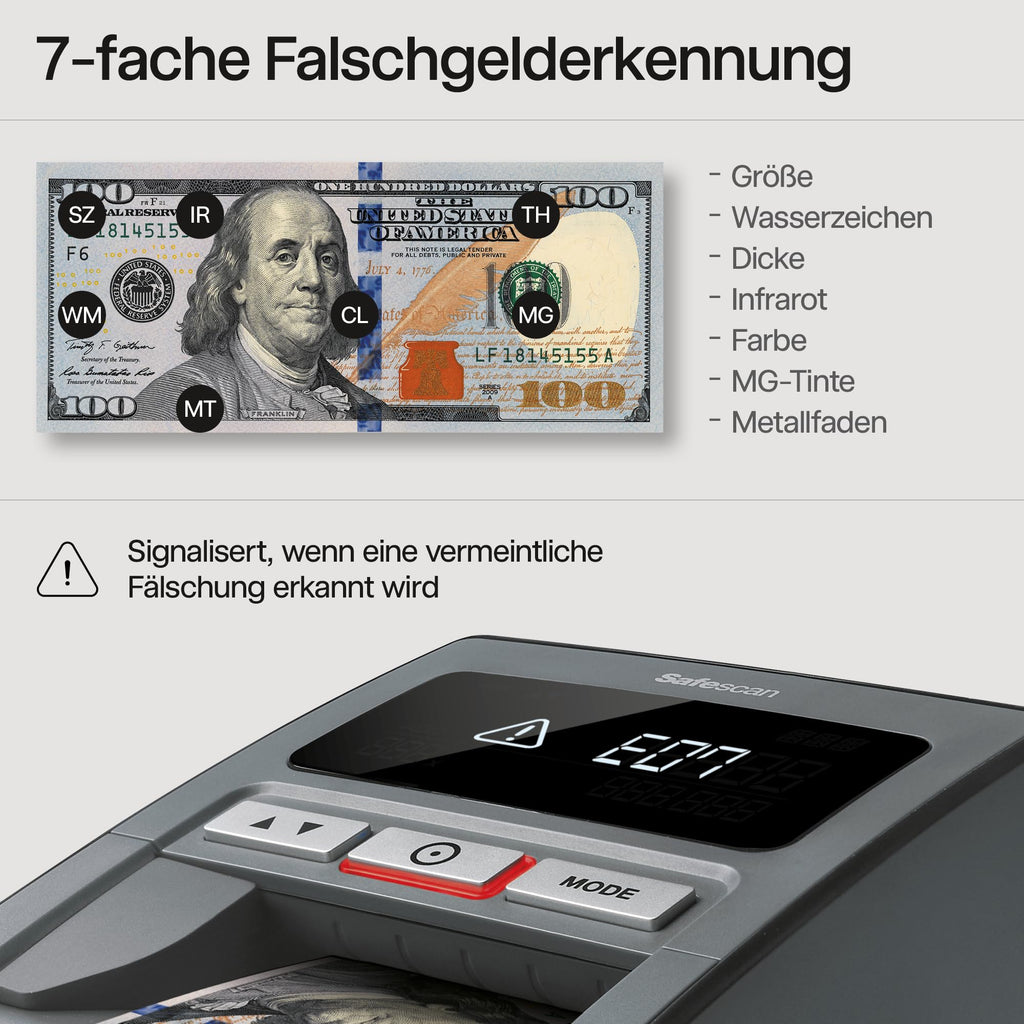 Safescan 185-S automatischer Geldscheinprüfer zur schnellen Überprüfung von Geldscheinen - Inklusive US Dollar - Falschgeldprüfgerät mit 7-facher Echtheitsprüfung - 100% genauer Geldscheinprüfer