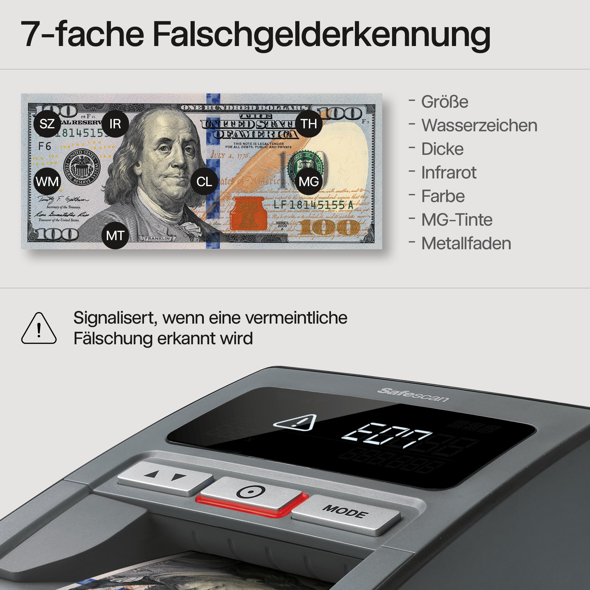 Safescan 185-S automatischer Geldscheinprüfer zur schnellen Überprüfung von Geldscheinen - Inklusive US Dollar - Falschgeldprüfgerät mit 7-facher Echtheitsprüfung - 100% genauer Geldscheinprüfer