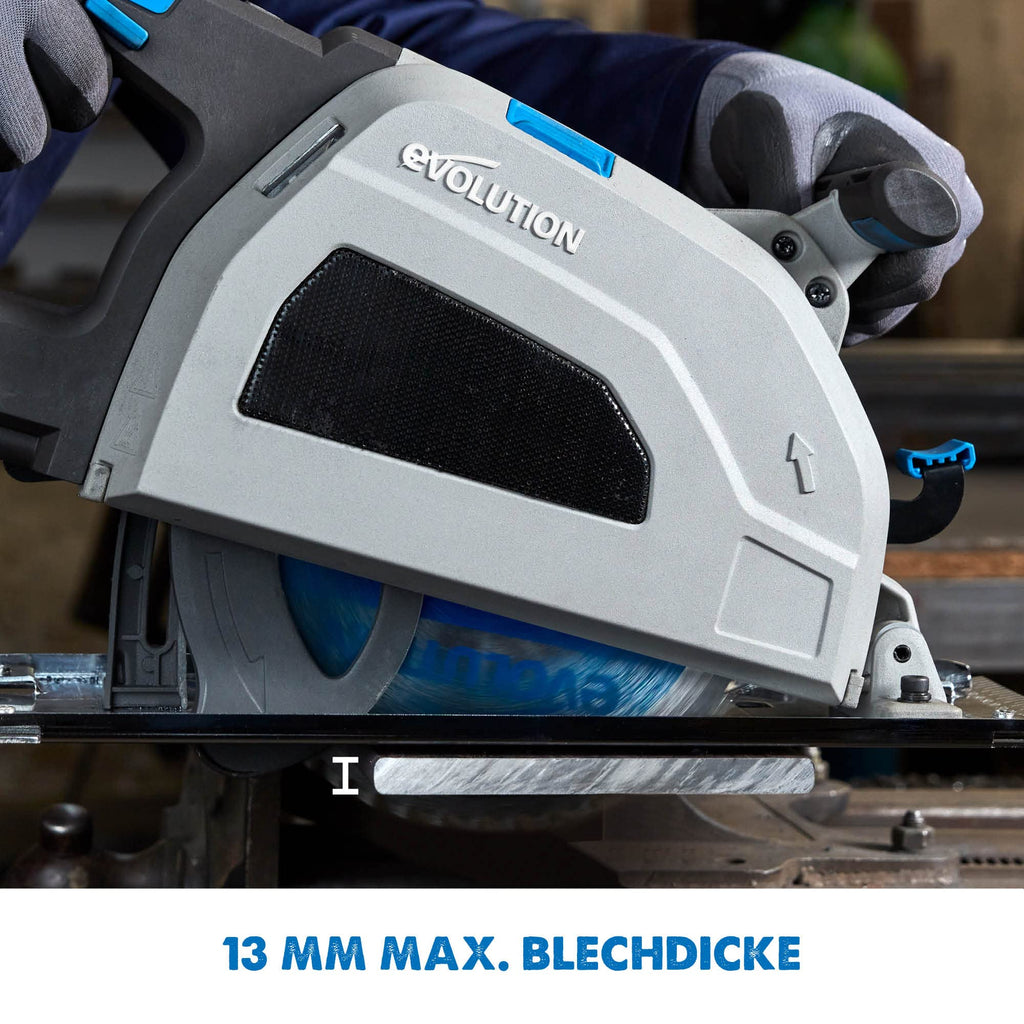 Evolution Metallkreissäge S210CCS | Kaltsäge Kreissäge Tauchsäge 1800W Inkl. Ø 210 mm HM-Sägeblatt Schneidet Baustahl, Metall | Schienenkompatibel Kaltkreissäge | Scie Circulaire mit Führungsschiene