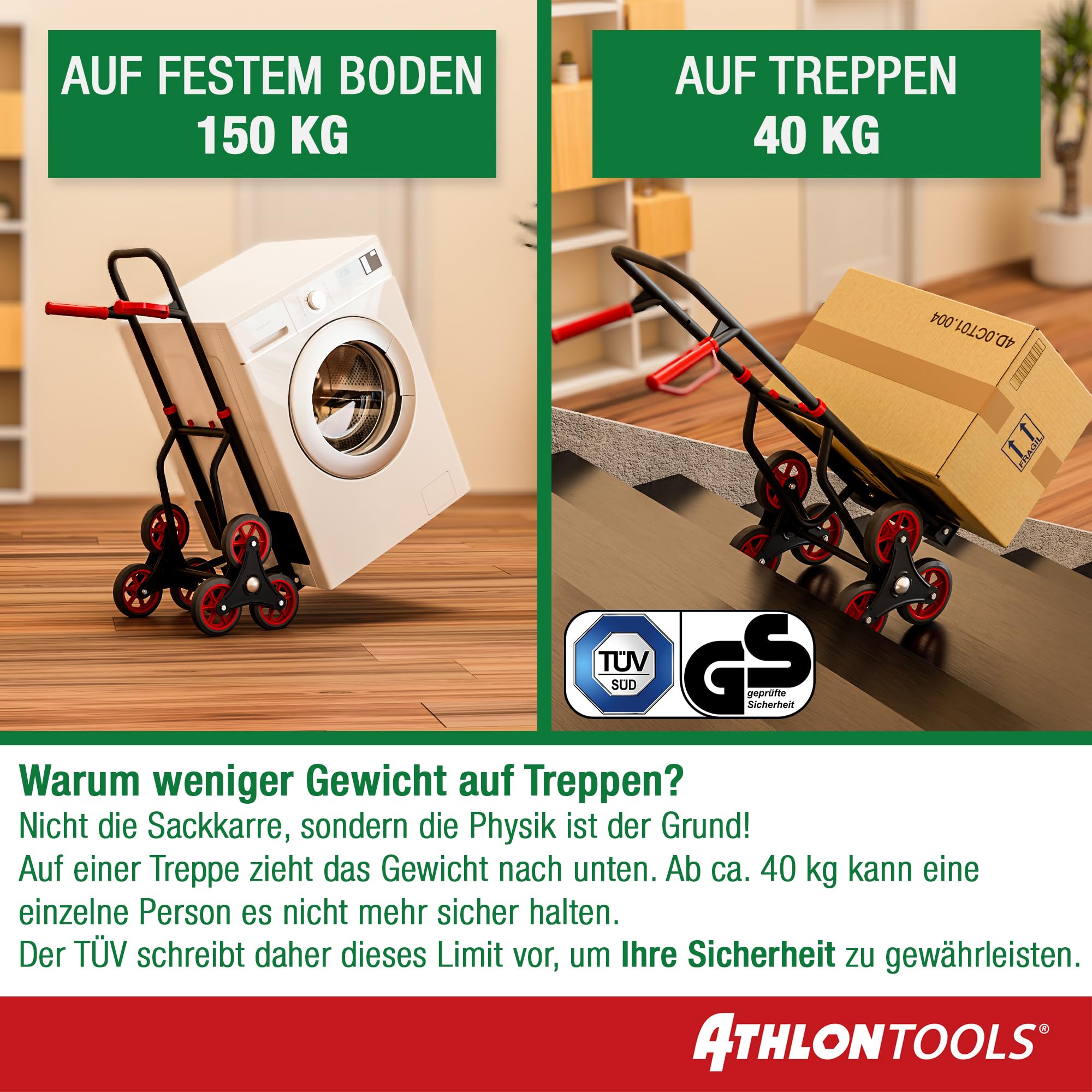 ATHLON TOOLS Treppensteiger-Sackkarre klappbar 150kg TÜV geprüft – Stahlrahmen mit TPR-Rädern, große Räder leichtgängig & stoßarm, platzsparend zusammenklappbar