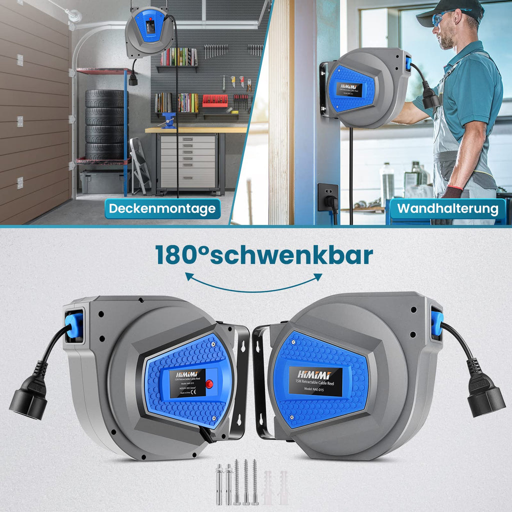 Himimi Automatik Kabeltrommel 15m + 1m 1500W ~ 3000W Kabelaufroller Automatisch Stromtrommel Schlauchaufroller, Verlängerungskabel außen Wandmontage, Überlastschutz, Wand Deckenmontage, 180° drehbar