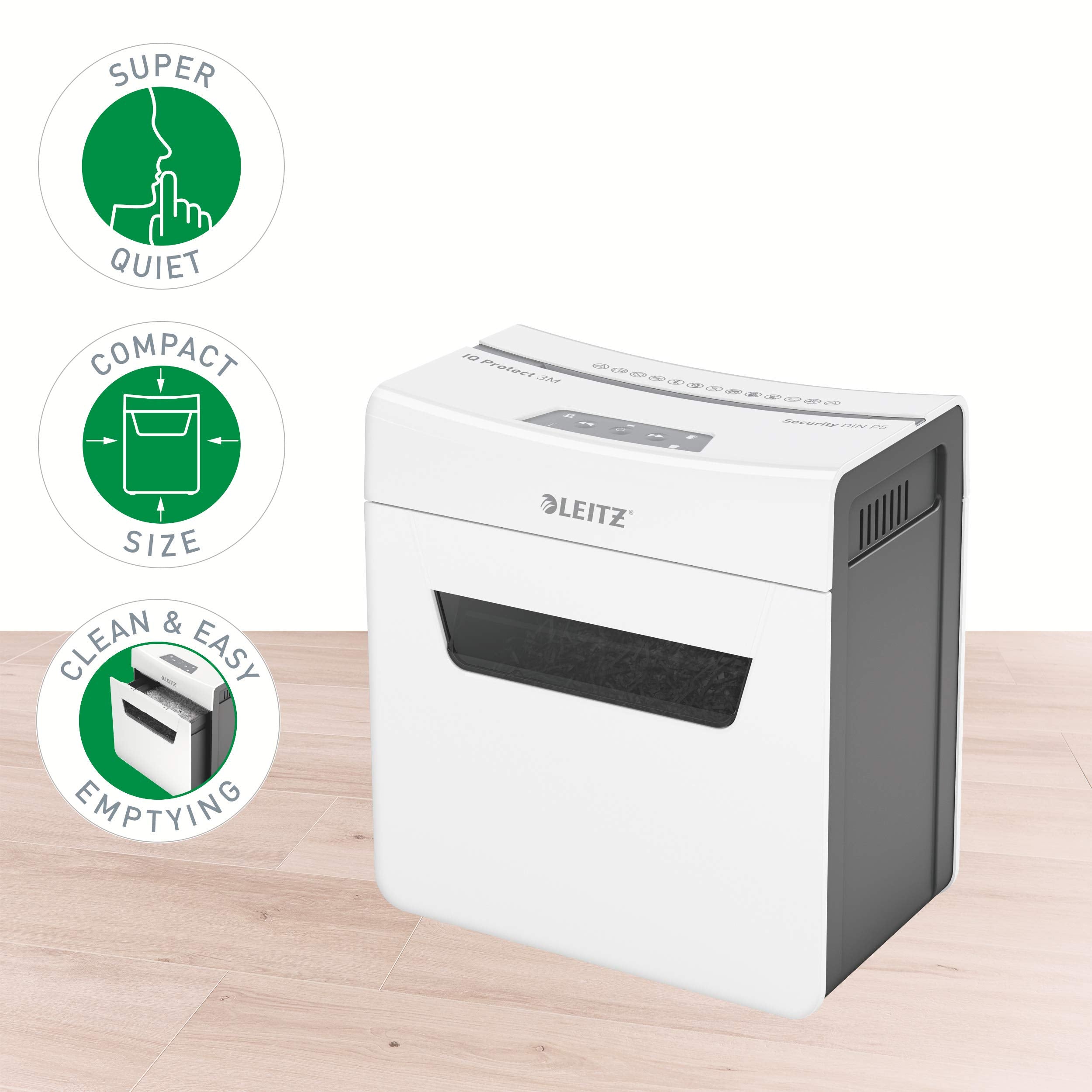 Leitz IQ 3M Premium Aktenvernichter P5, Mikroschnitt, 4-3 Blatt (70-80g/m²), Super leise, kompakt & sauber, TÜV+GS zertifiziert, 10L Behälter, für Büro & Home Office, Protect Serie, Weiß, 80930000