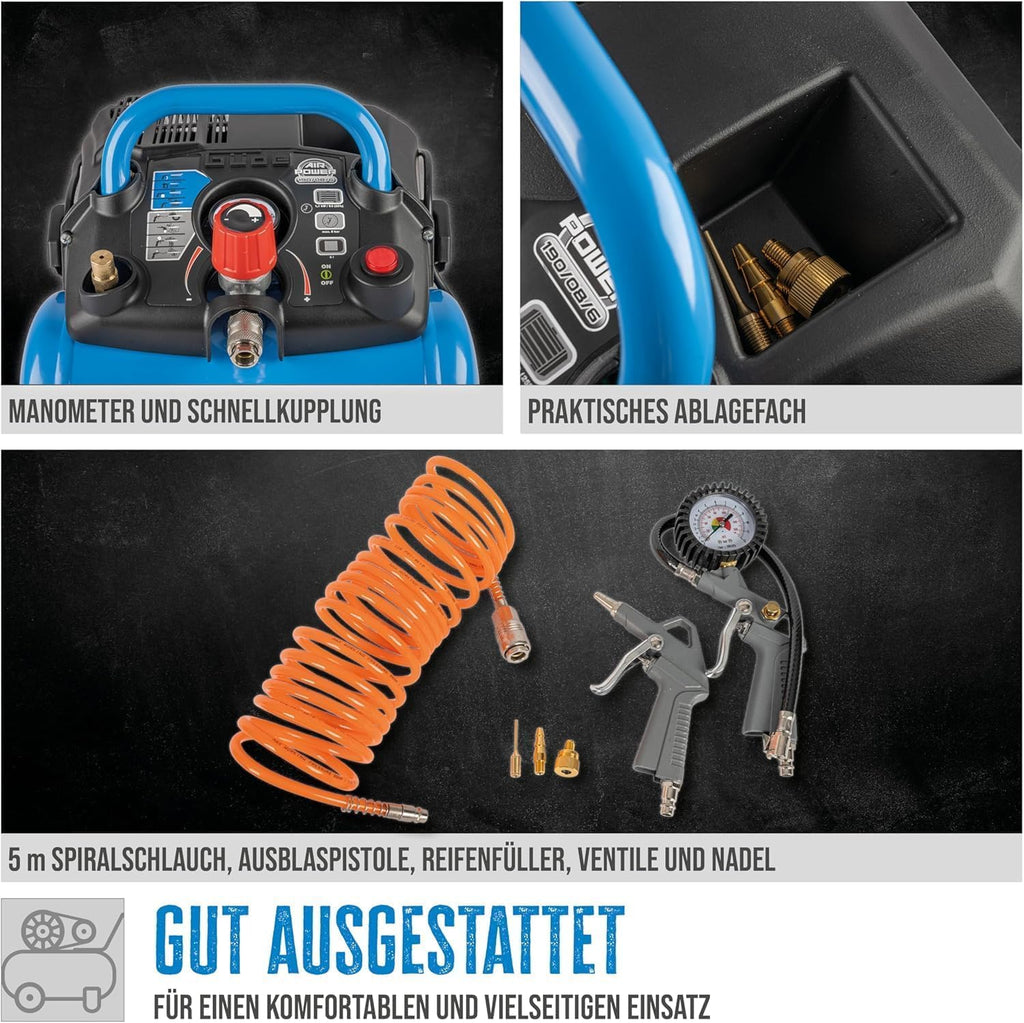 Güde Kompressor Airpower 190/08/6 (ölfrei, max. Druck 8 bar, Kessel 6 l, 1100 W, eff. Liefermenge 145 l/min, Druckminderer/Manometer/Kondensatablassschraube, inkl. 6-tlg. Zubehör, Testnote SEHR GUT)
