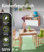 Bomi Kindersitzgruppe Holz Amy | Kindertisch mit 2 Stühlen | Tisch & Stühle Kinderzimmer Set | Kindertisch für drinnen | Maltisch & Basteltisch Kinder | Kindermöbel Holz Naturbelassen