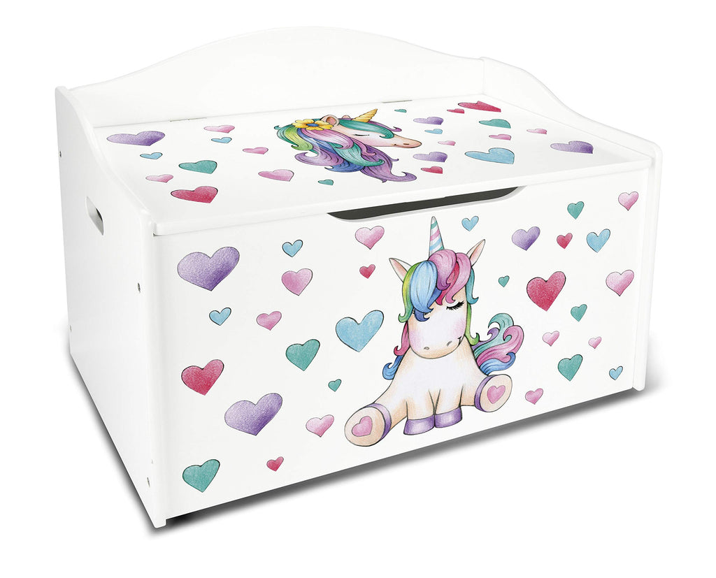 Leomark Kinderbank Hölzerne - Unicorn - Kindertruhenbank, Behälter für Spielzeug, Truhe für Kinderzimmer, Höhe: 46 cm