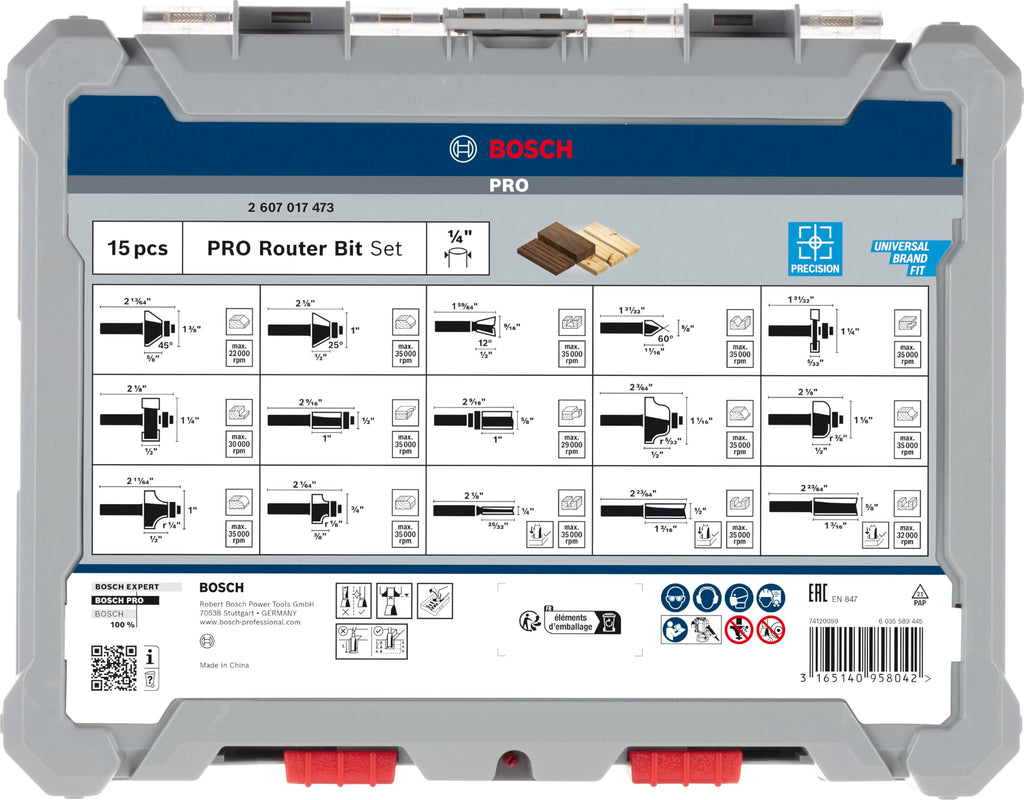 Bosch Professional 15tlg. Fräser Set Mixed (für Holz, für Oberfräsen mit 1/4 Zoll Schaft)