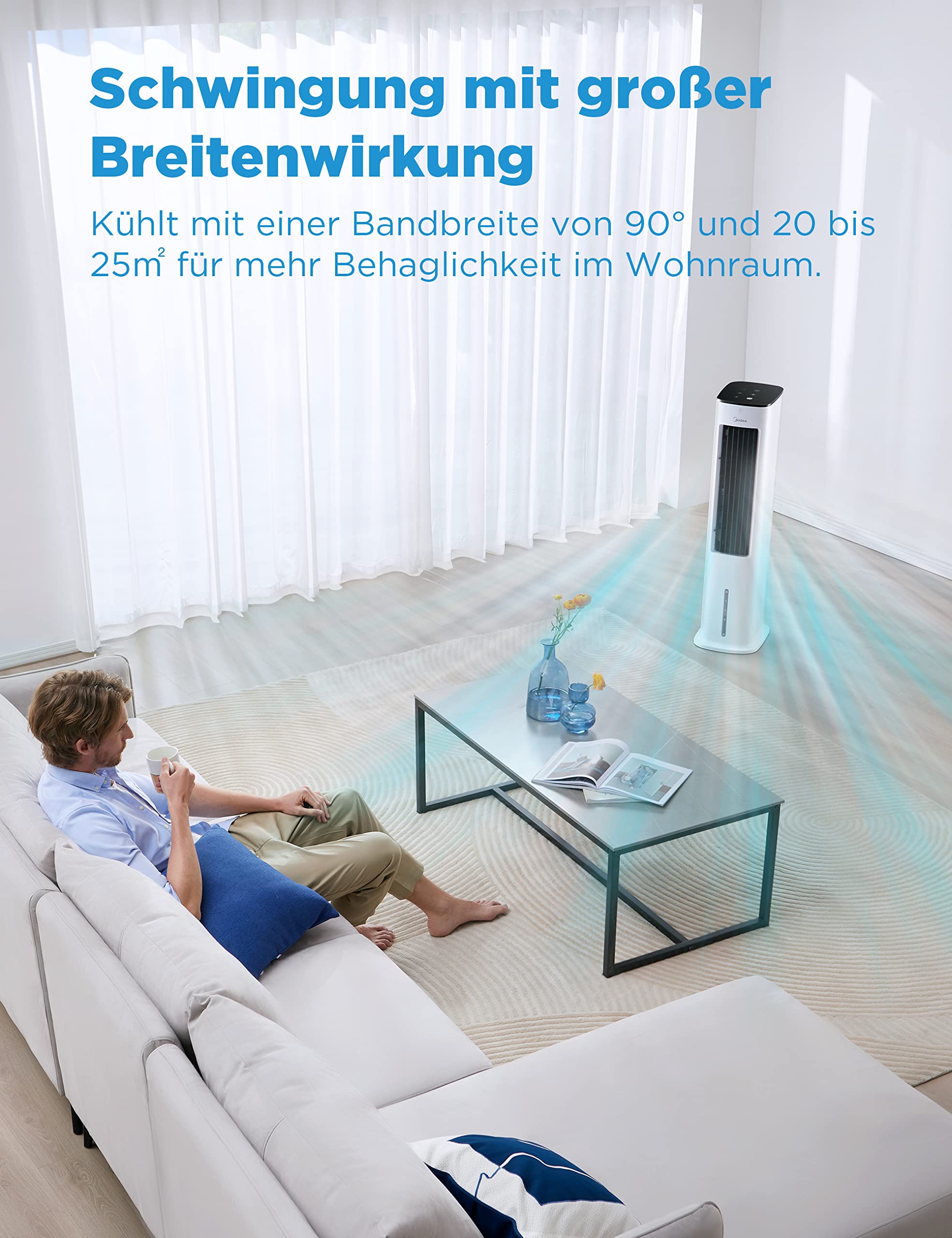 Midea Silent Air Cooler Pro 4-in-1 Mobile Klimaanlage Leiser:Luftkühler,Turmgebläse,Luftbefeuchter und Luftreiniger,mit Fernbedienung,5L Wassertank,355m³/h Luftdurchsatz,55W,LED-Display,Timer,Weiß