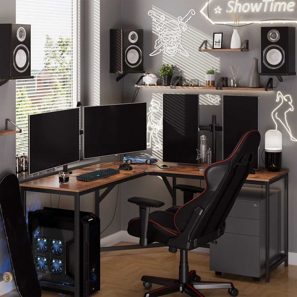VASAGLE Eckschreibtisch, L-förmiger Computertisch, 149 x 149 x 76 cm, platzsparender Bürotisch, Homeoffice, Gaming, vintagebraun-tintenschwarz LWD73X