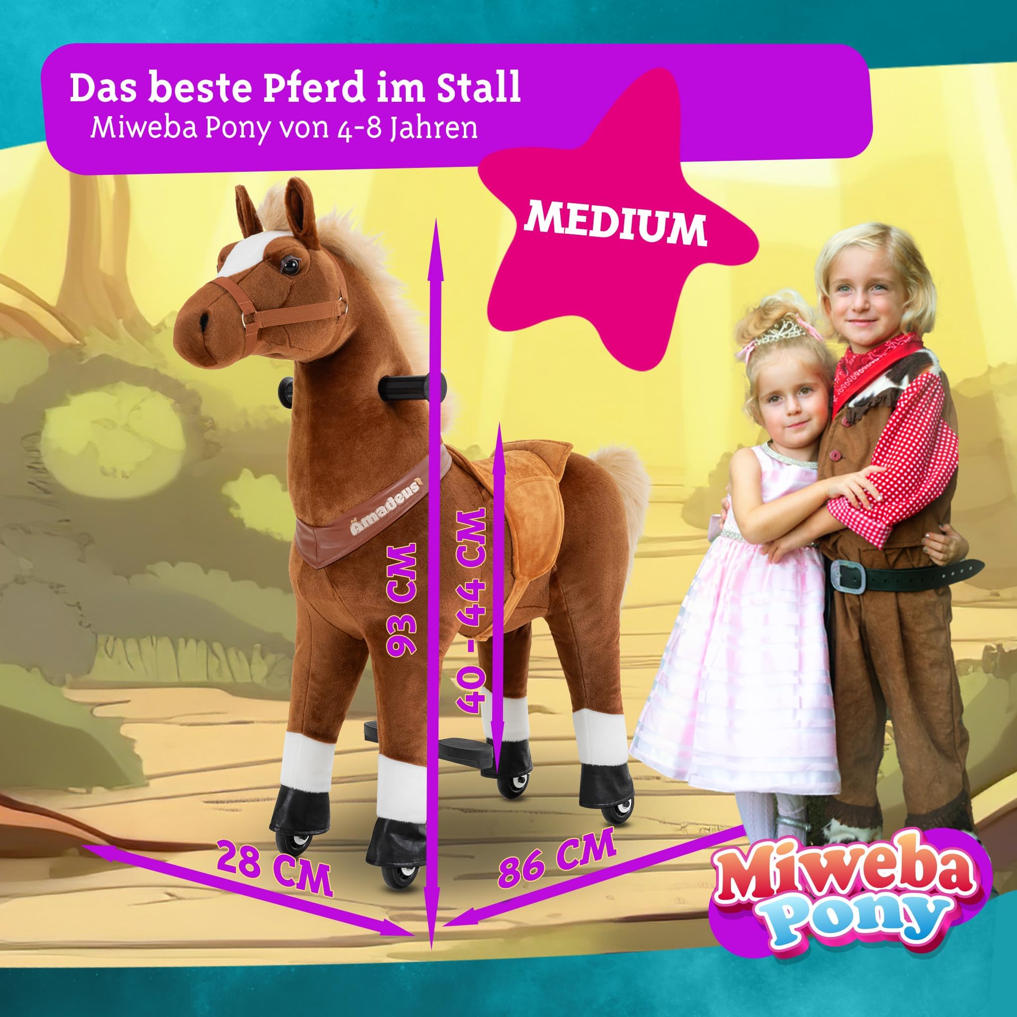 Miweba Pony Amadeus | Reitpferd auf Rollen - Pferd für Kinder - Schaukelpferd - Schaukeltier - Kuscheltier - Spielpferd zum Reiten - Plüschtier - Stofftier - Stehpferd - 4-8 Jahre (M Medium)