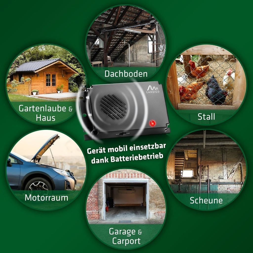GARDIGO® Marderschreck Marder-Frei Mobil | Ultraschall Marderabwehr | Marderschreck Auto Batteriebetrieben | Marderschutz für KFZ, Motorraum, Dachboden, Haus, Garten | Intervallschaltung
