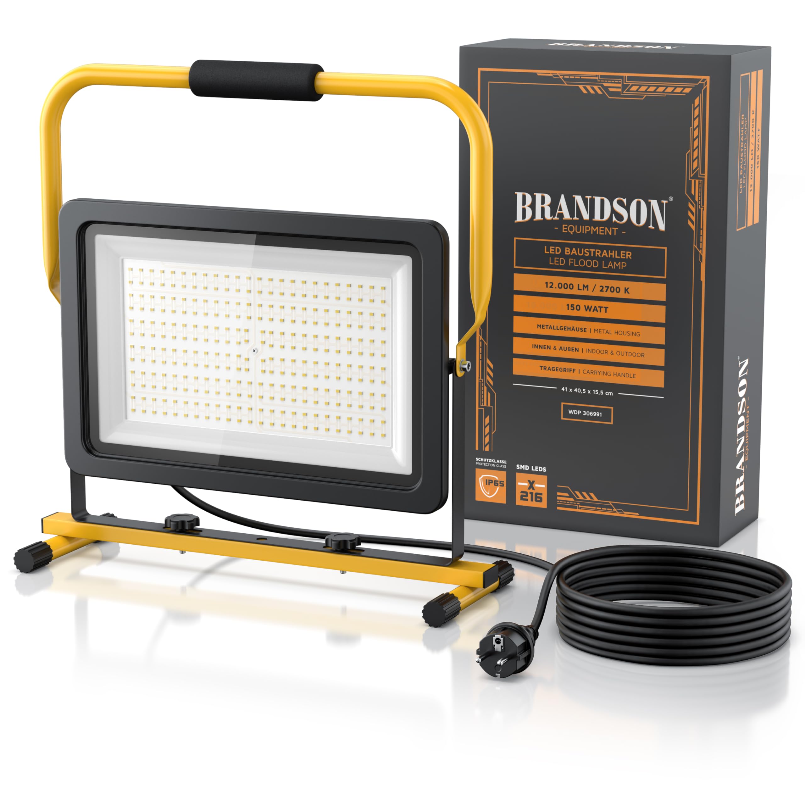 Brandson - LED Baustrahler 150W − Arbeitsscheinwerfer − Bauscheinwerfer − 216 SMD LEDs − Standgestell und Tragegriff − 12000 Lumen – 4 m Stromkabel − Metallgehäuse - IP65