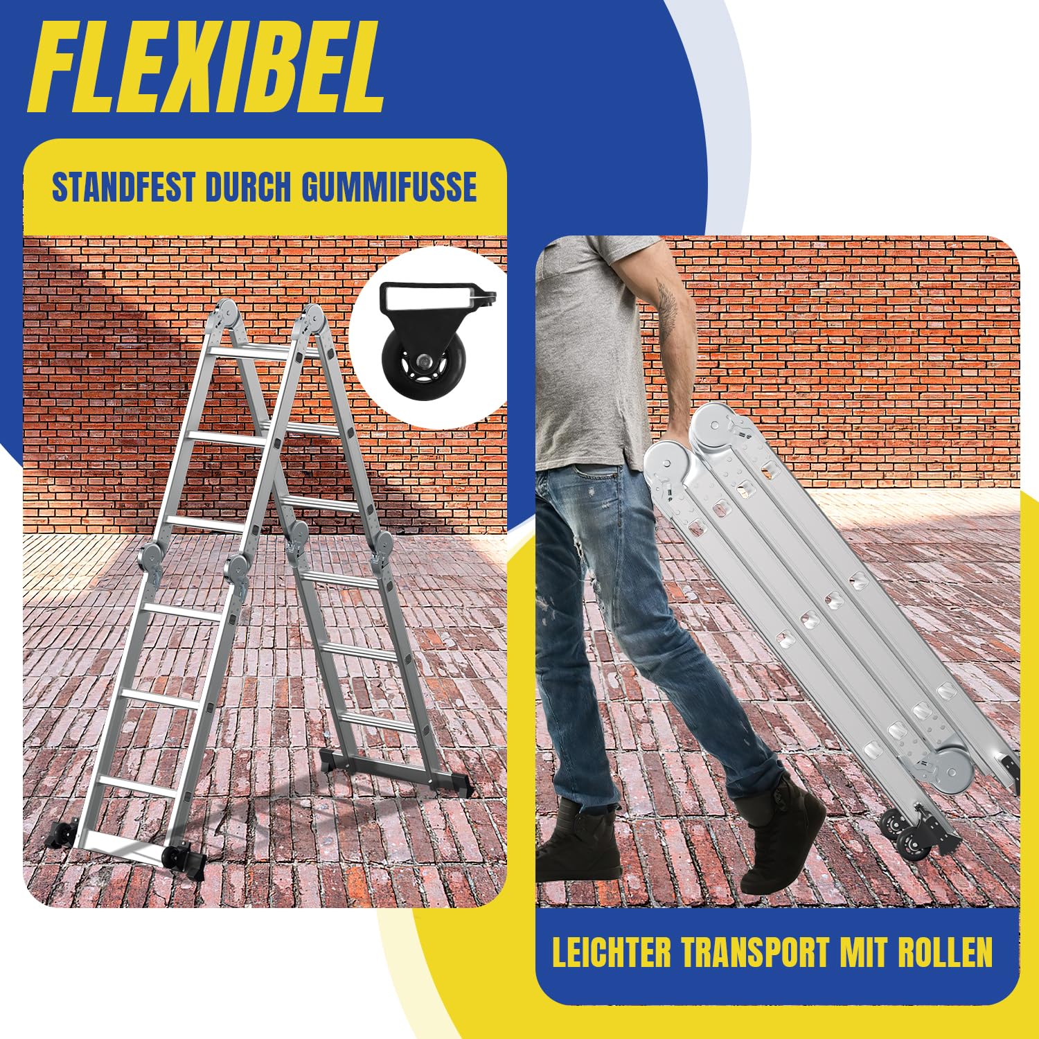 Lospitch 4x3 Mehrzweckleiter, 360cm 7 in 1 Multifunktionsleiter mit 2 plattform, Aluminium Vielzweckleiter mit 2 Transport Rollen bis 150 kg, Arbeitsleiter 12 Stufen, Silber