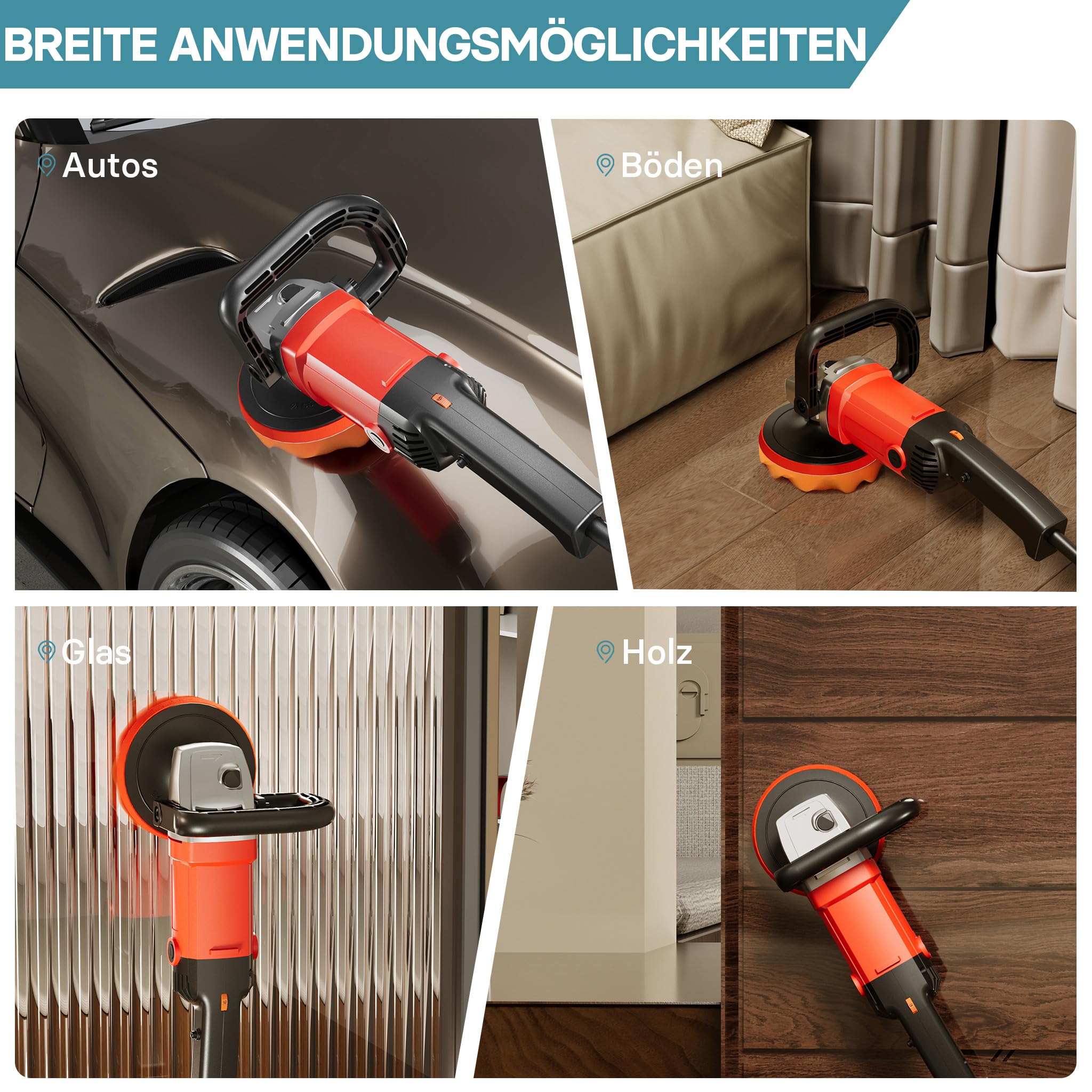 Wiltec Auto Poliermaschine Schleifmaschine 1200W bis 3000 U/min, Poliergerät mit 6 Stufen, mit Tasche und Zubehör, Tellerschleifer, Rotationsschleifer