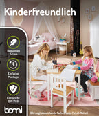 Bomi Kindersitzgruppe Anna mit integrierter Spielzeugkiste | Kinderzimmer-Set inkl. Kindertisch mit 2 Stühlen & Kindertruhenbank | Kindermöbel aus FSC nachhaltigem Kiefern Massiv Holz | Naturbelassen