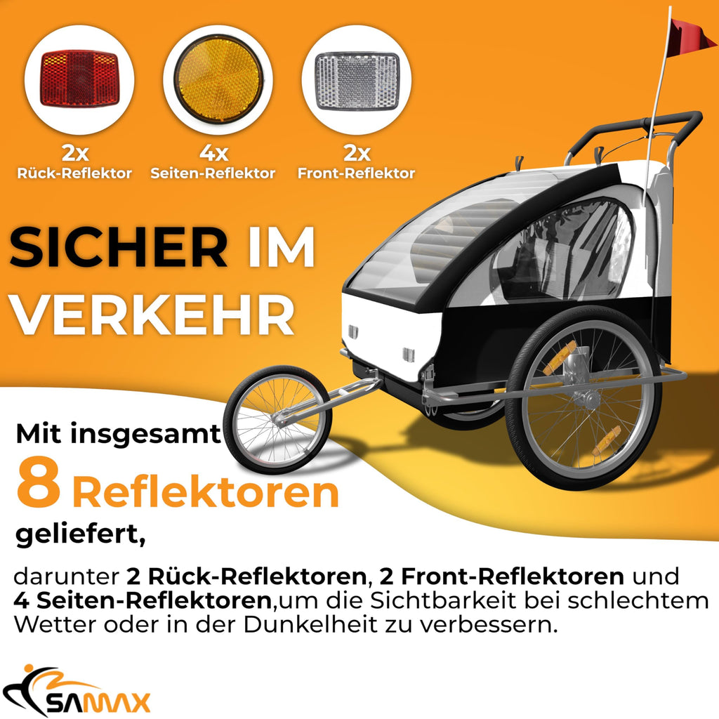 SAMAX Fahrradanhänger Jogger 2in1 Kinderanhänger Kinderfahrradanhänger Transportwagen vollgefederte Hinterachse für 2 Kinder in Weiß/Schwarz - Silver Frame