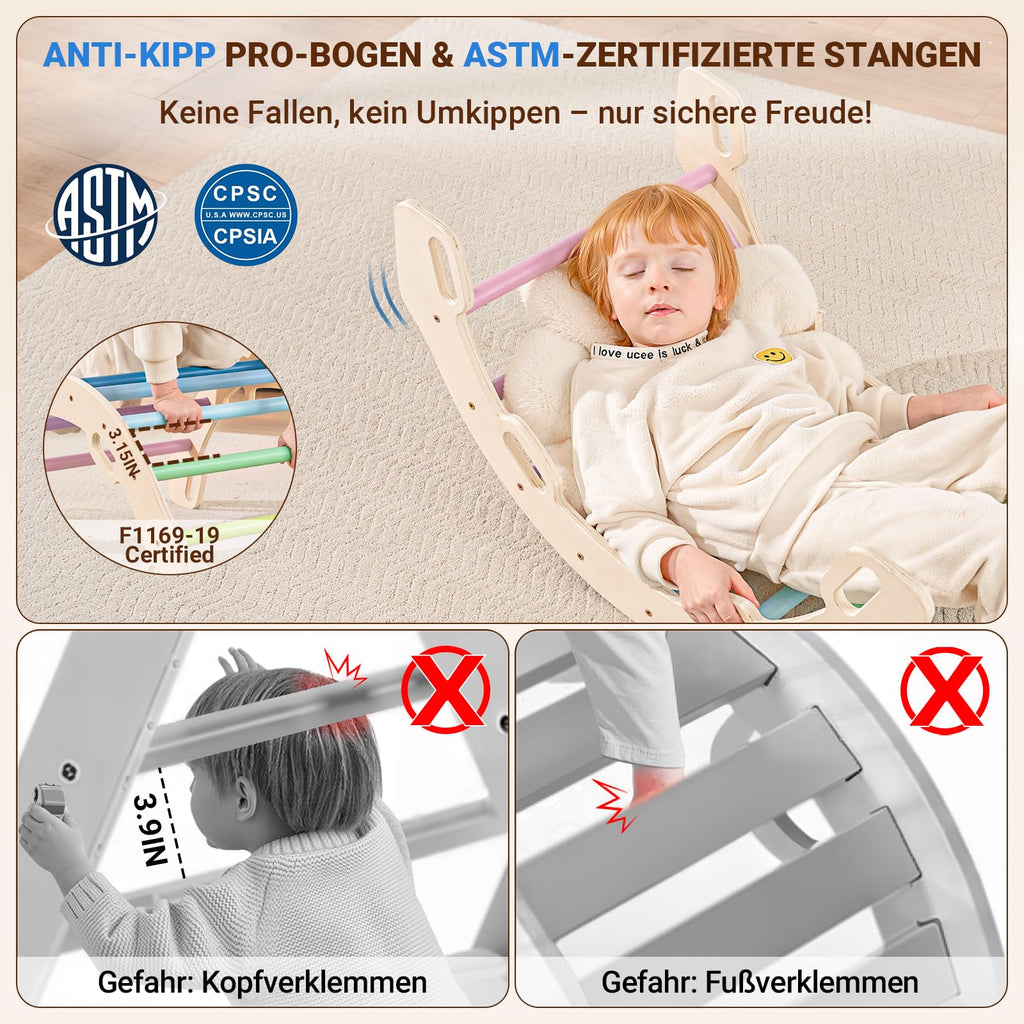 COSYLAND Klettergerüst Indoor L – Großes Kletterdreieck Set mit Kletterbogen & Rutsche – 8-in-1 Massivholz-Spielplatz für Kinder ab 18 Monaten – Kaltfarben