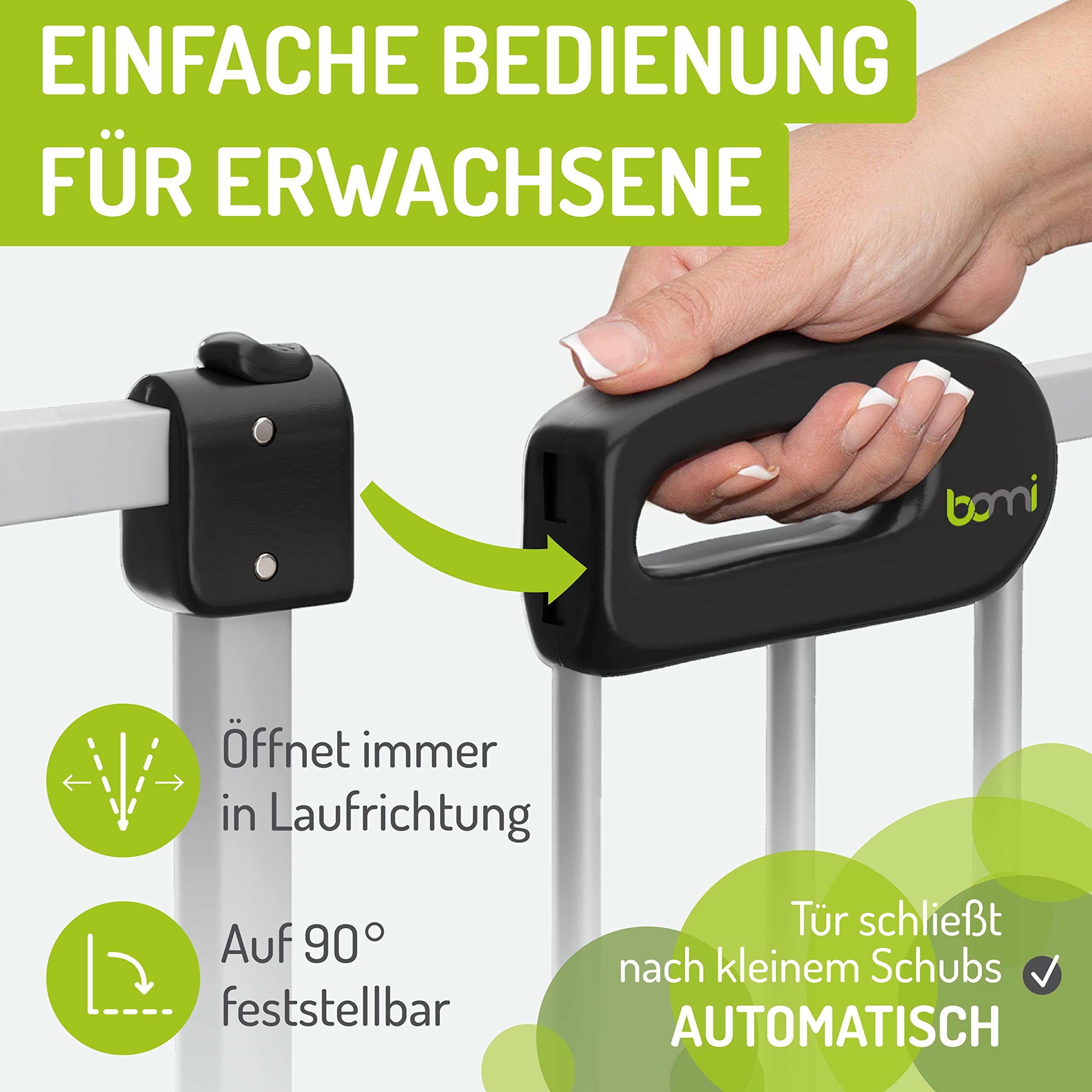 BOMI TÜV GS Siegel Kindertreppen Gitter XXL Merle | Ohne Bohren | Schließt automatisch | Gittertür aus Metall Weiss | Stabile Baby Schutzgitter Tür für Kindersicherheit | Breite: 93-101 cm