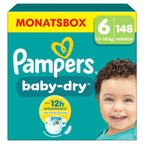 Pampers Baby-Dry Größe 6, 148 Windeln, 13kg-18kg, Bis zu 100% Auslaufschutz & Komfort die ganze Nacht