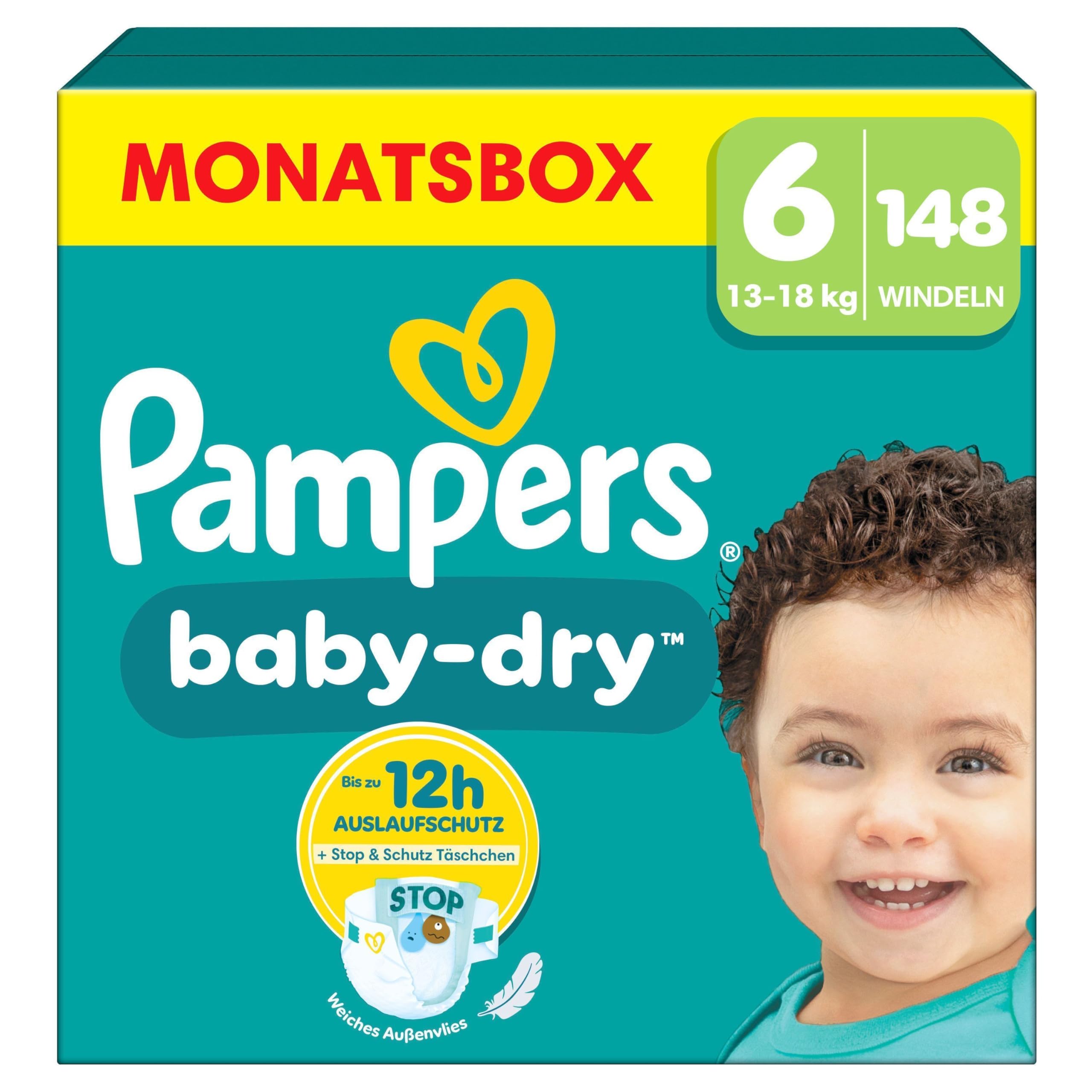 Pampers Baby-Dry Größe 6, 148 Windeln, 13kg-18kg, Bis zu 100% Auslaufschutz & Komfort die ganze Nacht