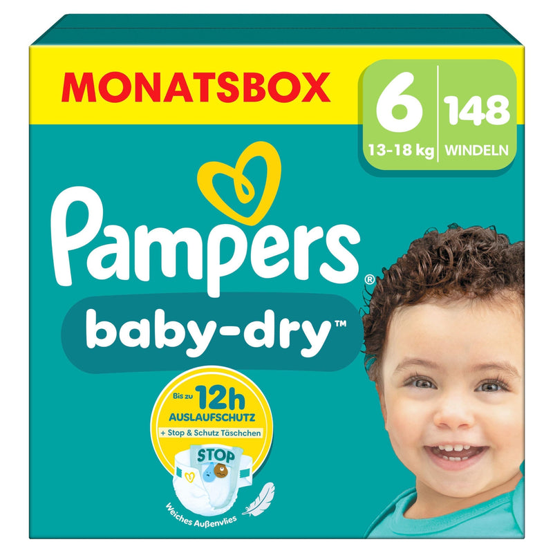 Pampers Baby-Dry Größe 6, 148 Windeln, 13kg-18kg, Bis zu 100% Auslaufschutz & Komfort die ganze Nacht