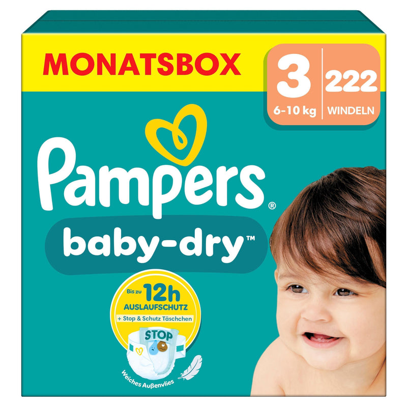 Pampers Baby-Dry Größe 3, 222 Windeln, 6kg-10kg, Bis zu 100% Auslaufschutz & Komfort die ganze Nacht