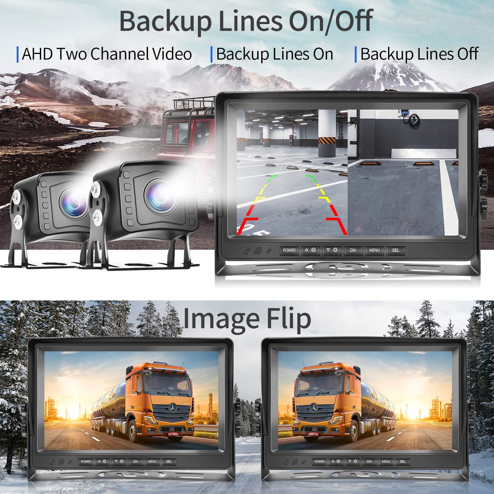Hodozzy Dual Backup Kamera Rückfahrkamera System, Videoaufzeichnung 9 Zoll LCD Monitor DVR, IP69 Wasserdicht Vollfarb-Nachtsicht Auto Kamera mit 2*10m Kabel für LKW/Anhänger/Bus/Van/Wohnmobil 12V-35V