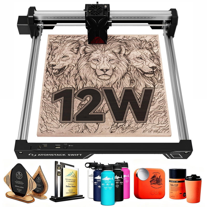 ATOMSTACK 12 W Laser graviermaschine, Gravurfläche 300 × 300 mm, Swift 12 W Serie Laserschneider, 0,01 mm hochpräzise Laser Cutter für Holz und Metall, dunkles Acryl, Leder (Schwarz, Swift-12W)