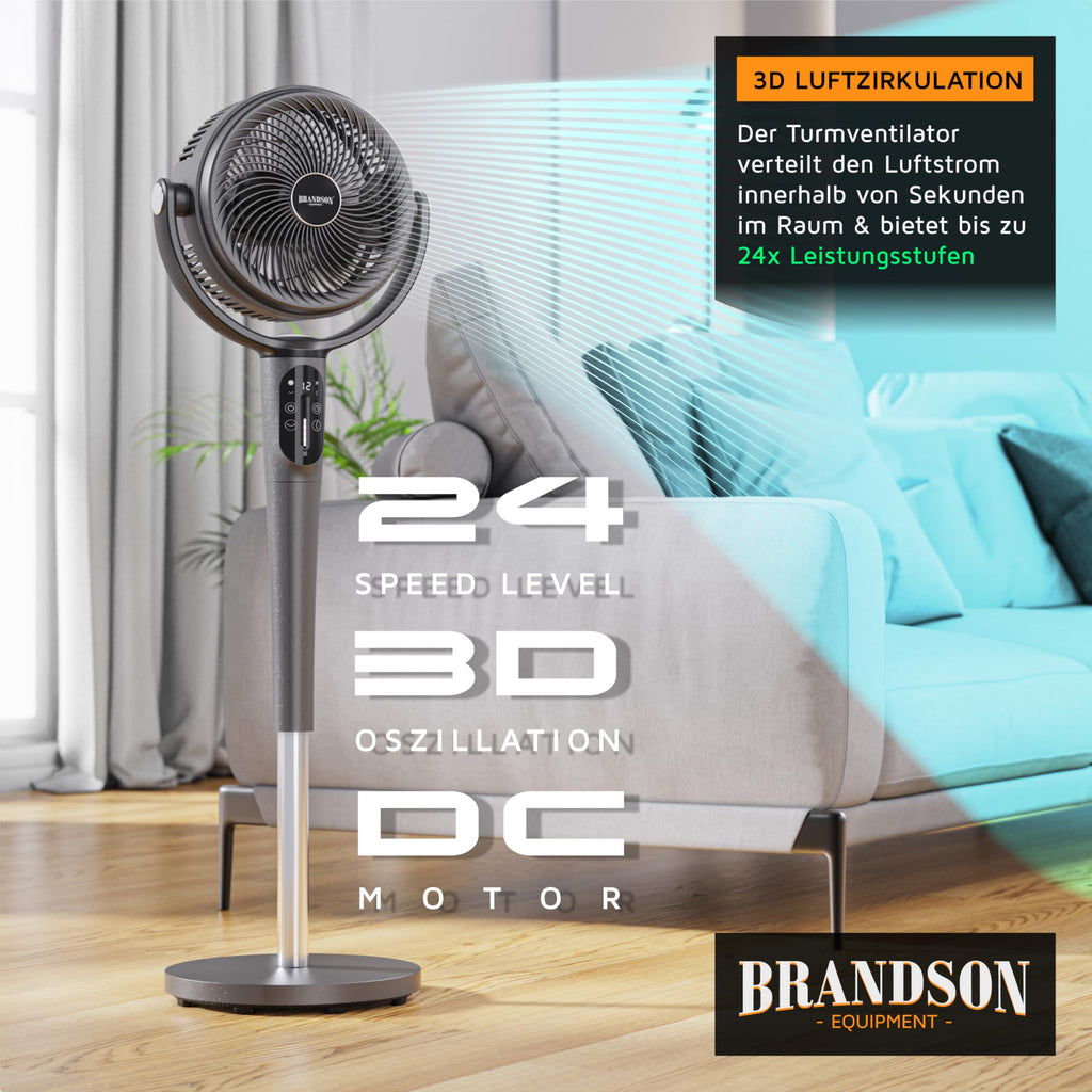 Brandson - Standventilator 3D mit ECO DC Motor – sehr leise – Preisträger 2025-60% Energieeinsparung – Ventilator mit 24 Geschwindigkeiten – horizontale und vertikale Oszillation – Fernbedienung