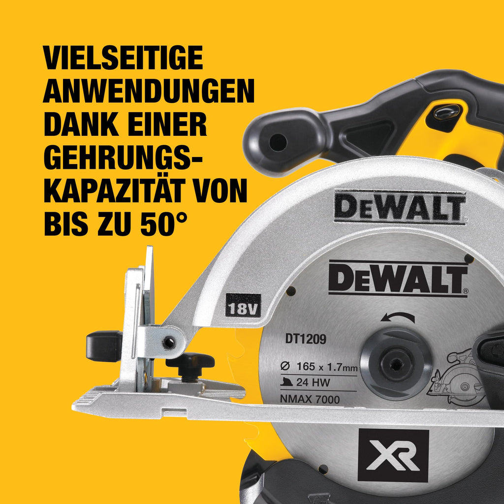 DEWALT 18 Volt Akku-Handkreissäge (760 Watt Abgabeleistung, Sägeblatt-ø: 165 x 20 mm, bis 50° Neigungsverstellung, 24-Zahn HM Sägeblatt, T STAK Box VI, Lieferung ohne Akku & Ladegerät), DCS391NT-XJ