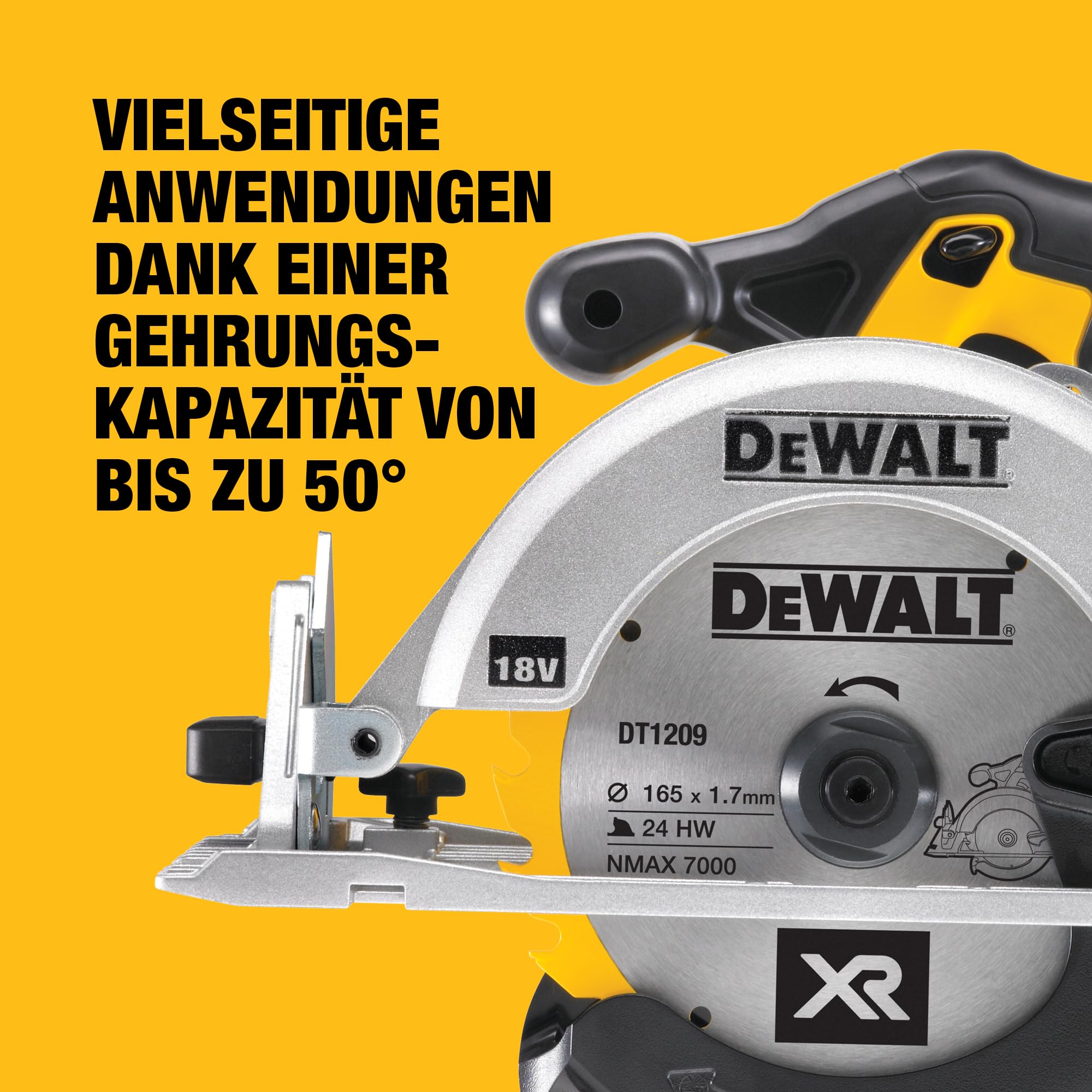 DEWALT 18 Volt Akku-Handkreissäge (760 Watt Abgabeleistung, Sägeblatt-ø: 165 x 20 mm, bis 50° Neigungsverstellung, 24-Zahn HM Sägeblatt, T STAK Box VI, Lieferung ohne Akku & Ladegerät), DCS391NT-XJ