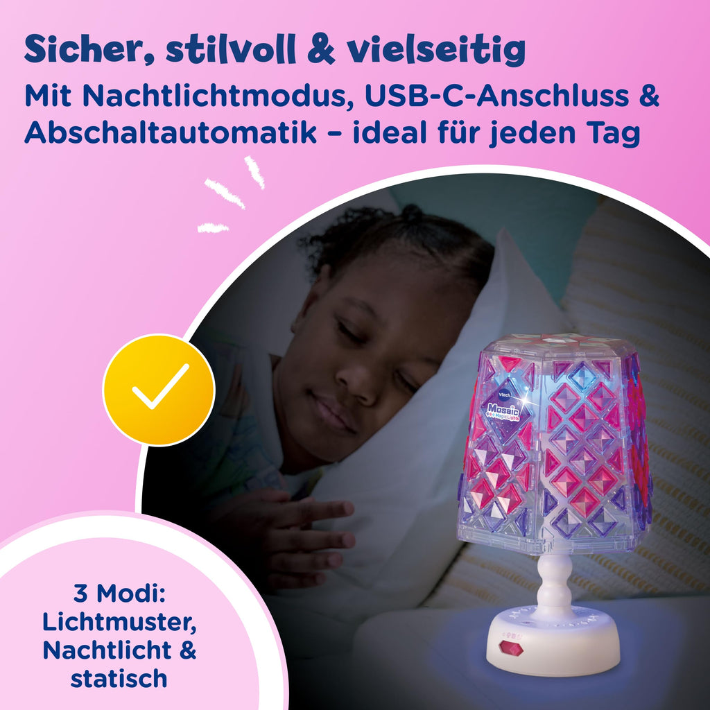 Vtech Mosaic Magic Lights Lampe – Personalisierbare Kinderlampe mit wiederverwendbaren Mosaiksteinen – Inkl. Nachtlicht-Funktion, Lichtmustermodus und Musik – Für Kinder von 5-9 Jahren