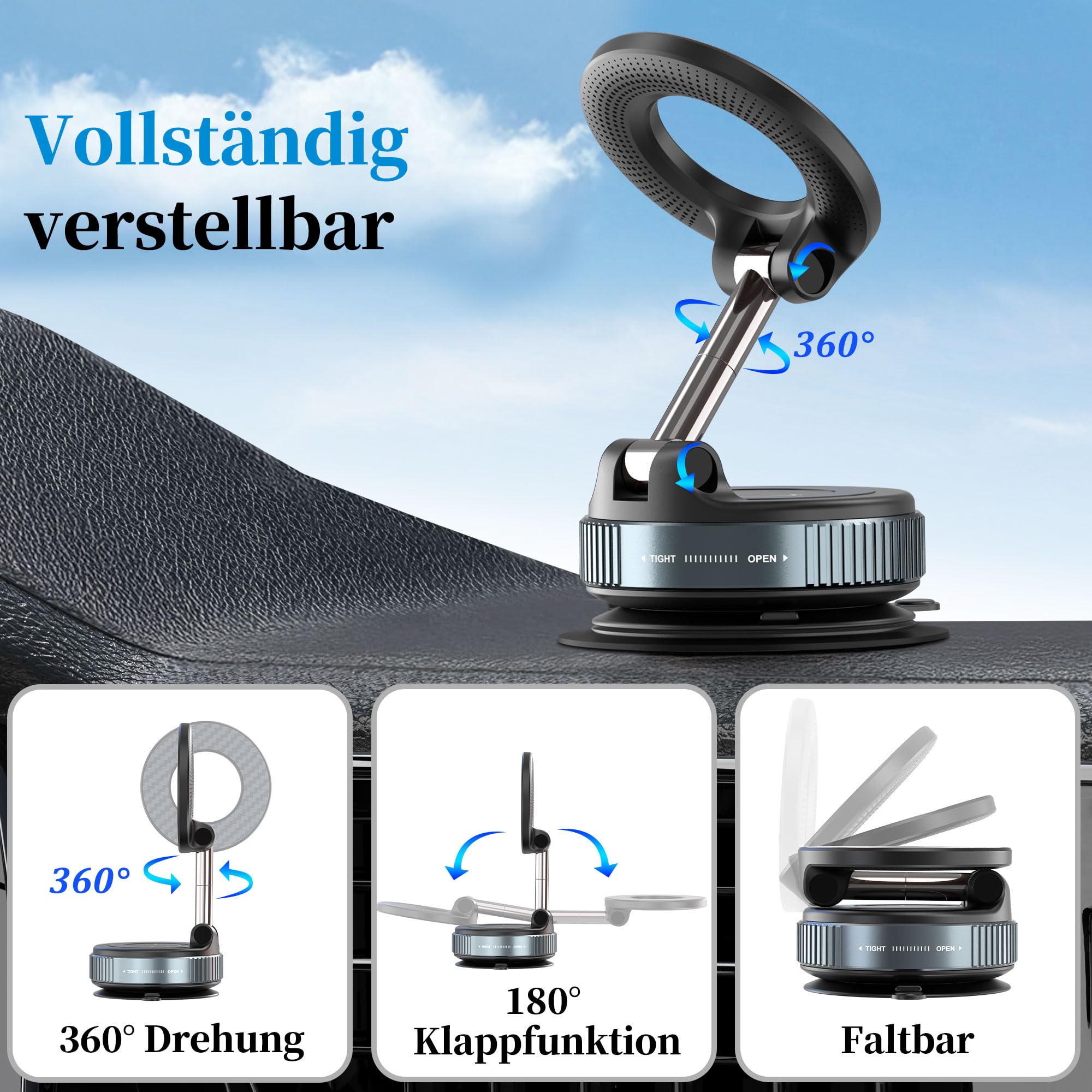 PlusAcc Vakuum Handyhalterung Auto Saugnapf - 360°Drehbar Zusammenklappbar Tragbar Magnetisch Handy Halter für iPhone 17/16/15/14/13/12 an Windschutzscheibe/Armaturenbrett/Spiegel befestigt