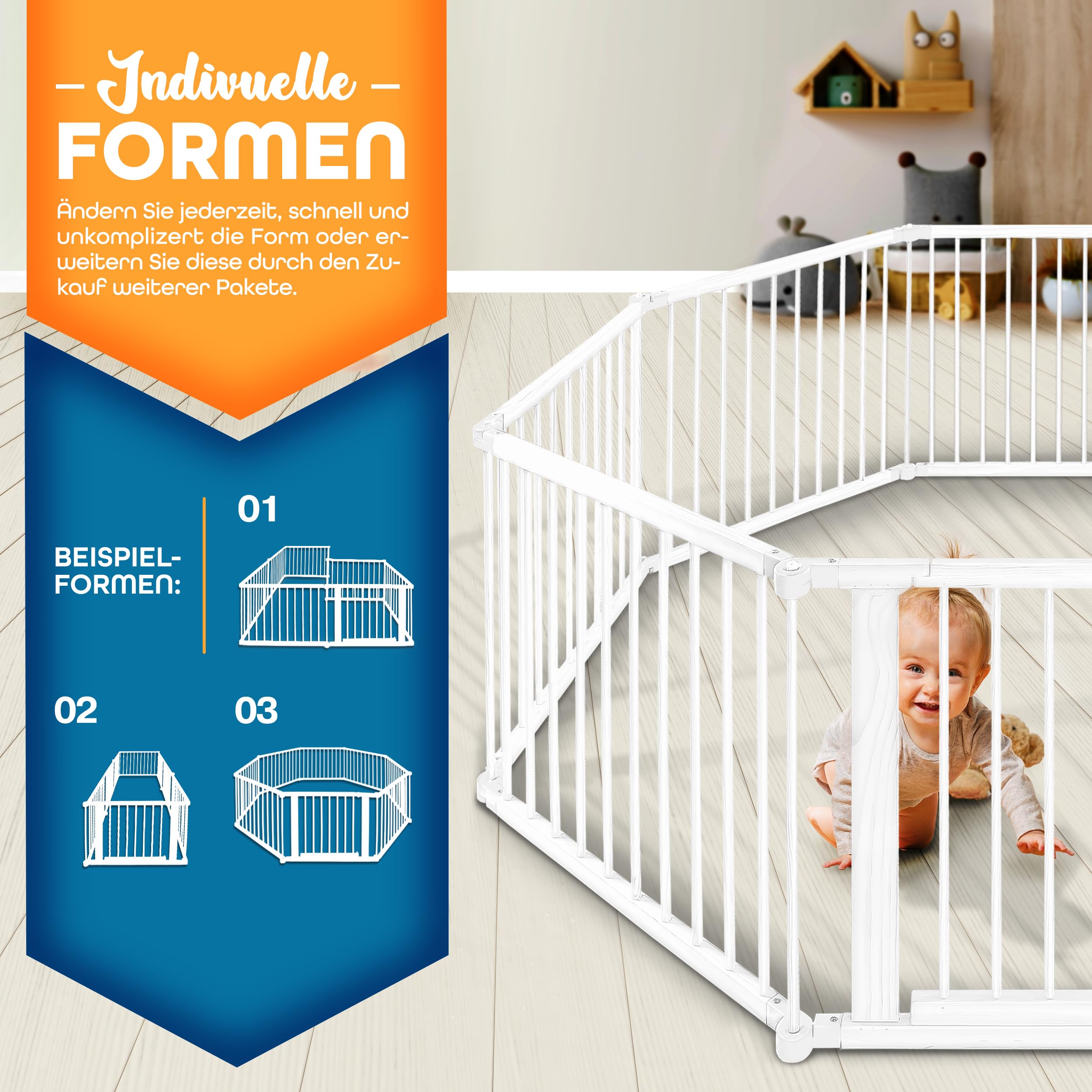 KIDUKU® 7,2 Meter Baby Laufgitter XXL klappbar inkl. Tür | Laufstall mit doppelter Sicherung | Absperrgitter für Kinder inkl. 8 Elementen | Krabbelgitter individuell formbar