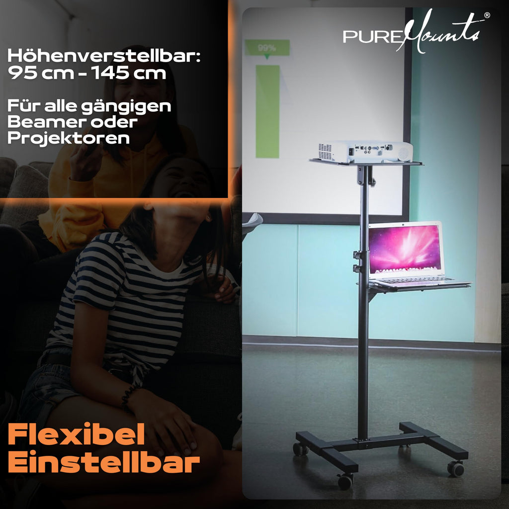 PureMounts PM-PCART-10 - Neigbarer Projektionswagen/Projektionstisch für Beamer und Projektor, flexibel einstellbar (950mm bis 1450mm), feststellbare Rollen, Tragkraft 10kg, Farbe schwarz