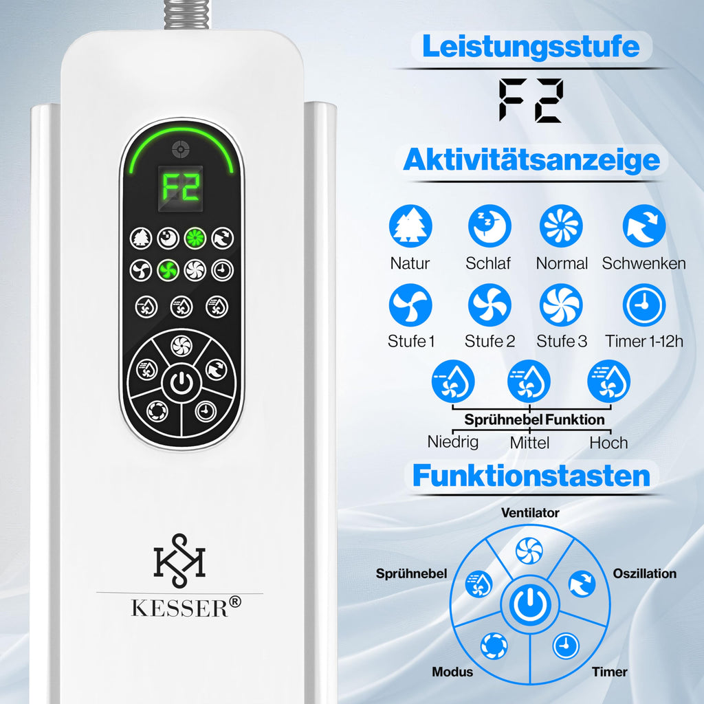 KESSER® Stand-Ventilator Frosty mit Wasser Ultraschall-Sprühnebel Wasserkühlung, inkl. Fernbedienung Timer-Funktion, Luftbefeuchter Leise, Nebelfunktion, Standventilator, Weiß