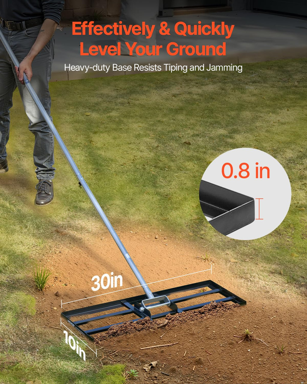 VEVOR Rasenrakel mit 213 cm Stiel, 762x254 mm Bodenplatte, Nivellierrechen aus Karbonstahl, Levelingrake, Rasen-Nivellierungsrechen für Rasenpflege, Rasen-Nivellierungsrechen, Hof und Golfplatz