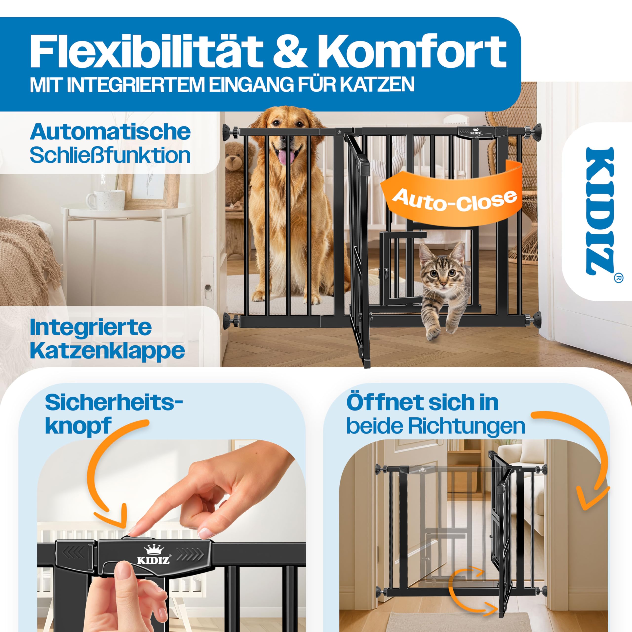 KIDIZ Absperrgitter zum Klemmen mit Katzenklappe, Türschutzgitter, Autoclose Kinder Treppengitter ohne Bohren | 90° Stopp Schutz, schwenkbar, Treppenschutzgitter, Schwarz, Breite: 88-94 cm
